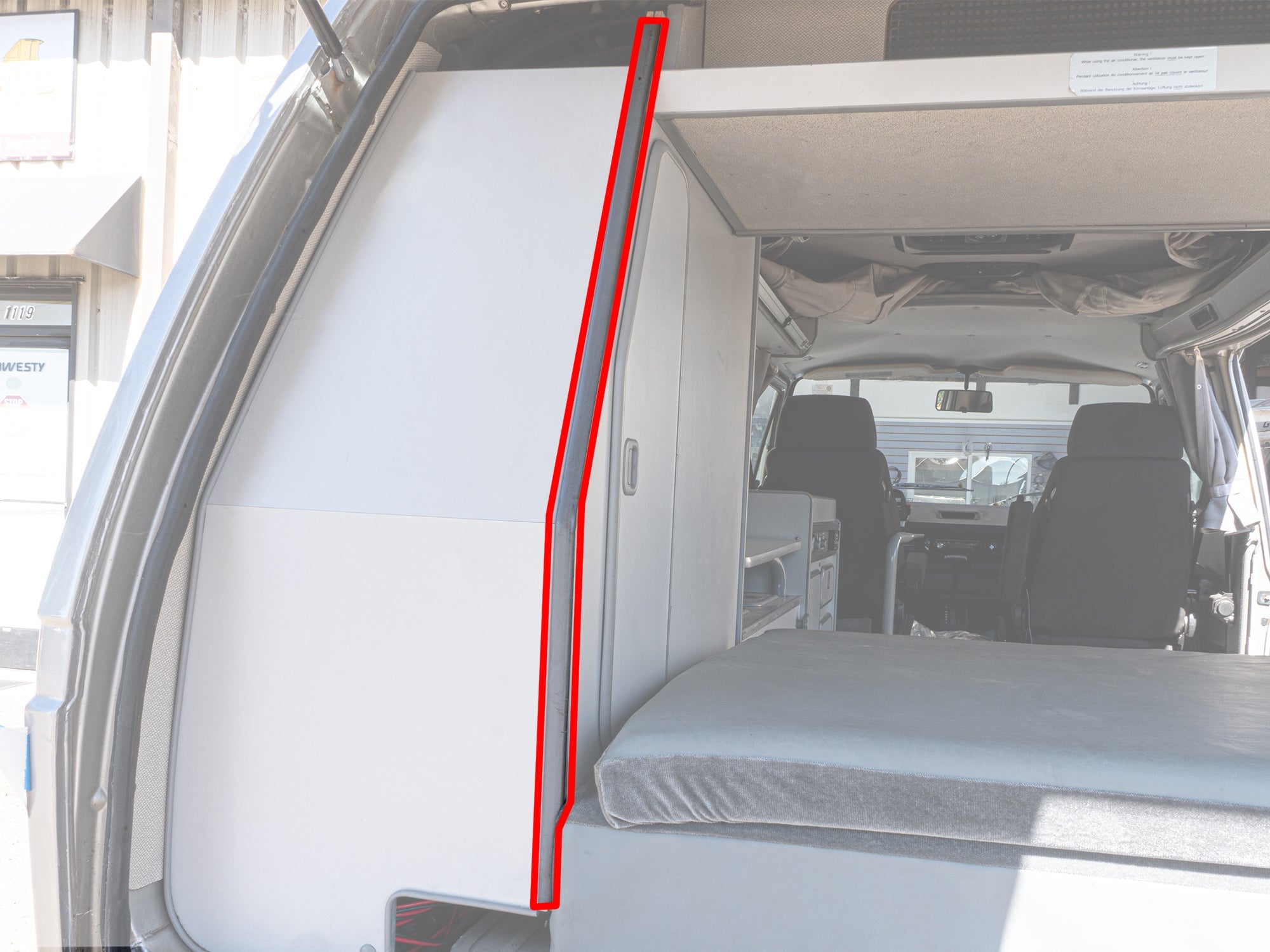 GoWesty cabinetry edge molding for Vanagon Westfalia, 25 feet, showing the rear stove trim with smooth finish and precise fit.