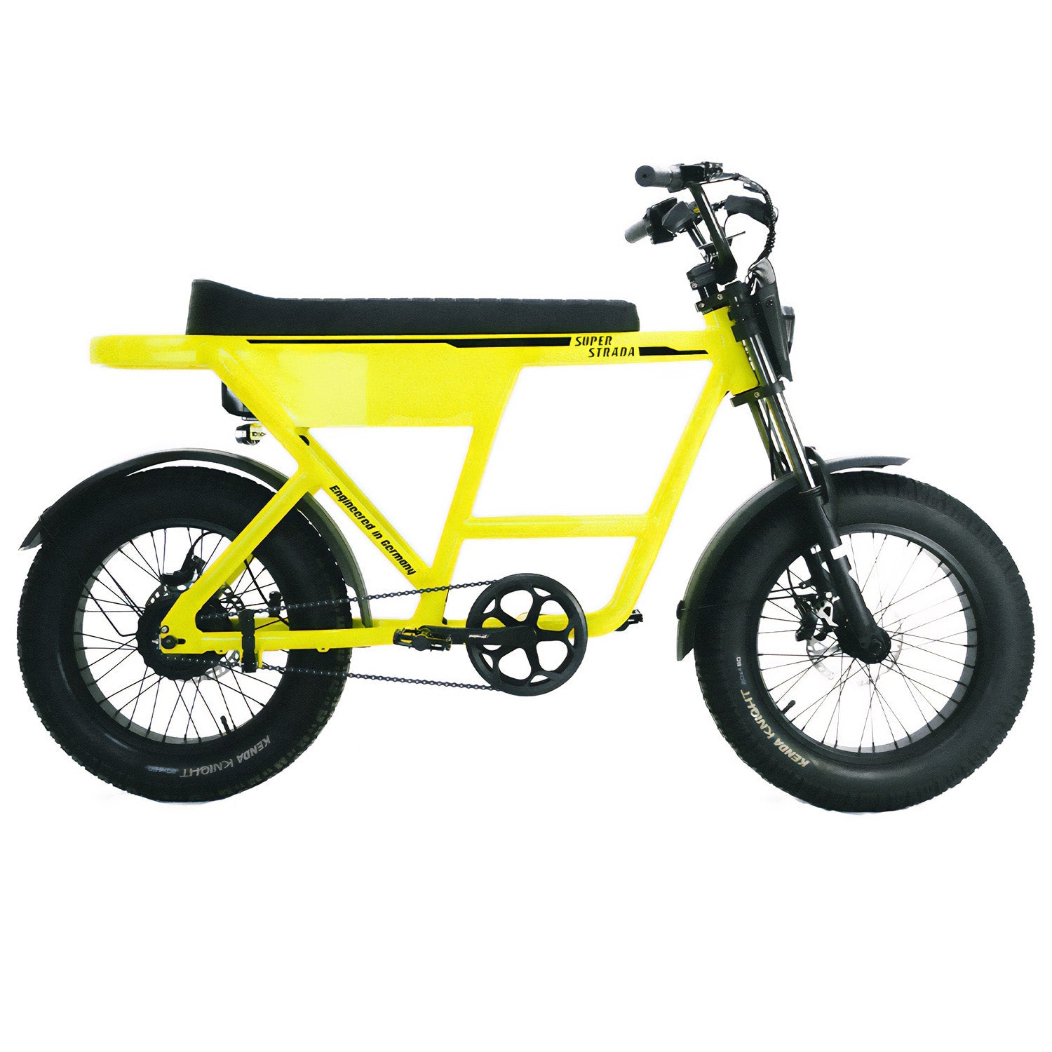 ZEITBIKE Super Strada RAGE electric sports utility bike with neon accents, featuring a sleek frame and mountain bike tires.