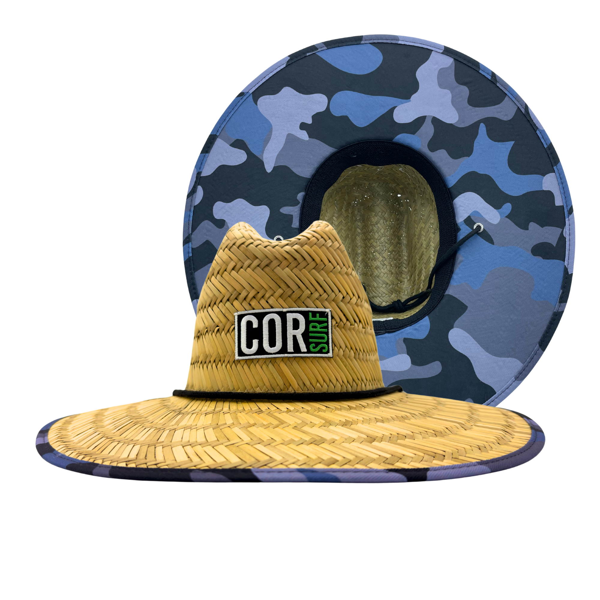 Men's blue camouflage straw beach hat by COR Surf, lightweight sun protection accessory with wide brim for outdoor beachwear.