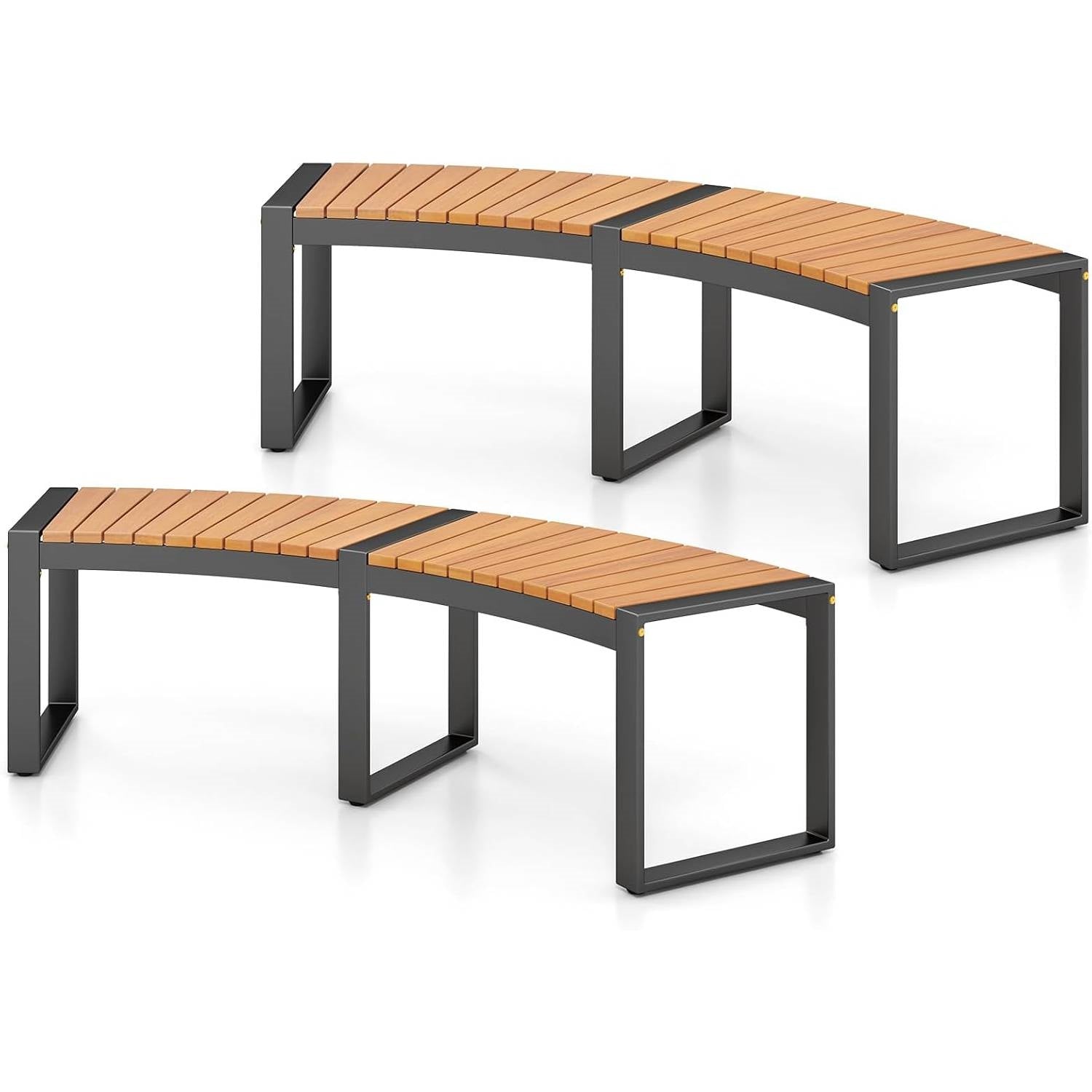 Set of 2 outdoor metal and wood garden benches with modern curved design, backless, ideal for outdoor patio or garden seating.