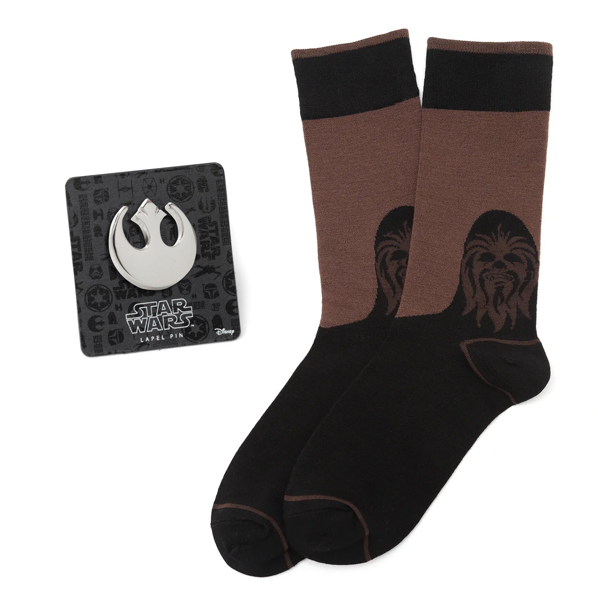 Star Wars Chewbacca Brown and Black Dress Socks and Rebel Alliance Starbird Crest Lapel Pin Gift Set - OVERLANDERS Outfitter