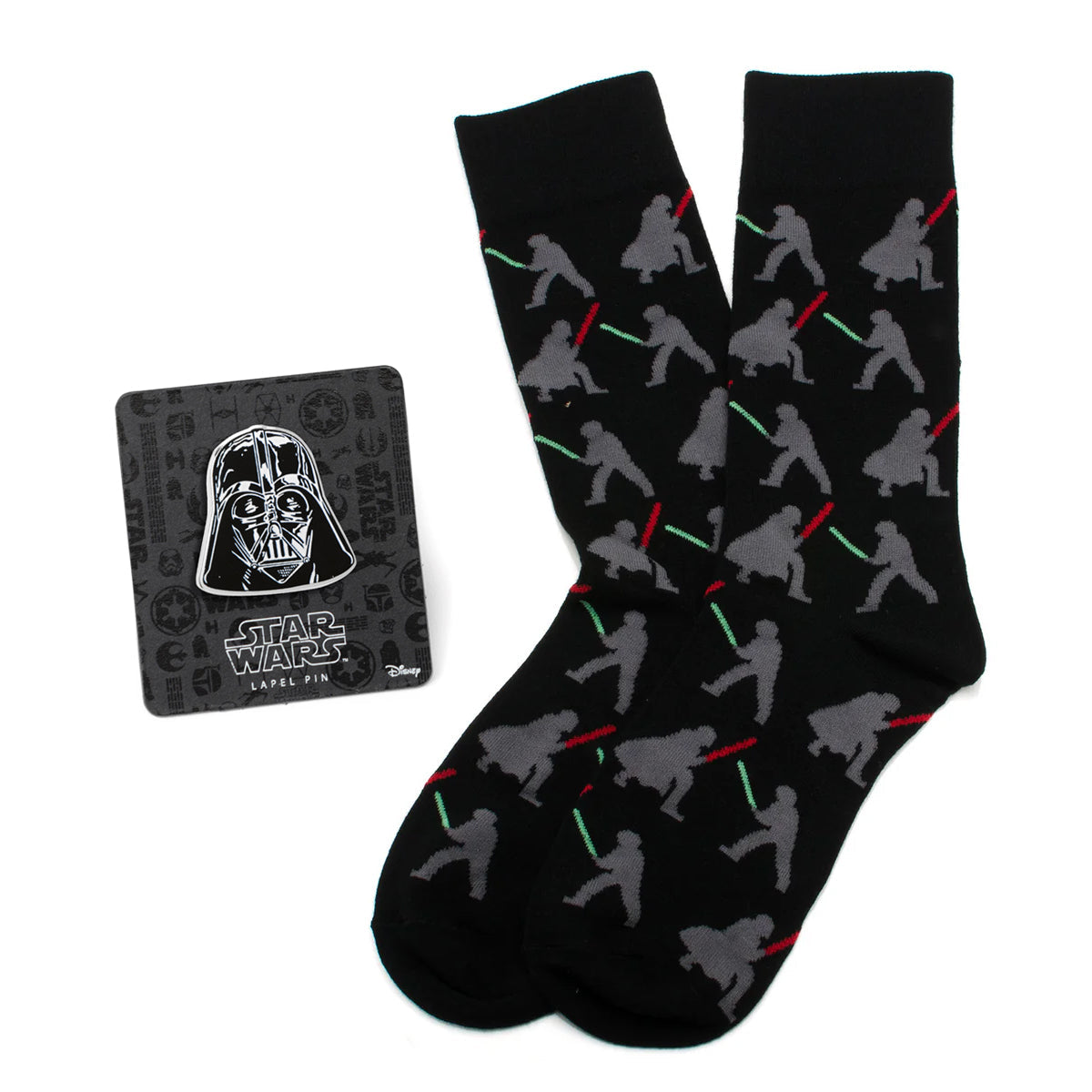 Star Wars Darth Vader and Luke Skywalker LIGHTSABER Battle Black Dress Socks and Darth Vader Lapel Pin Gift Set - OVERLANDERS Outfitter