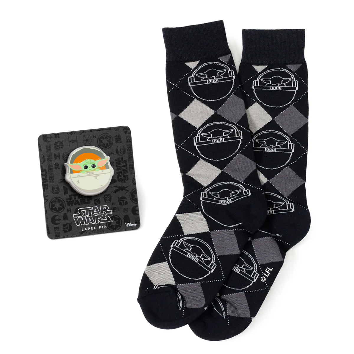Star Wars Grogu Charcoal Gray Argyle Socks and Lapel Pin Gift Set - OVERLANDERS Outfitter