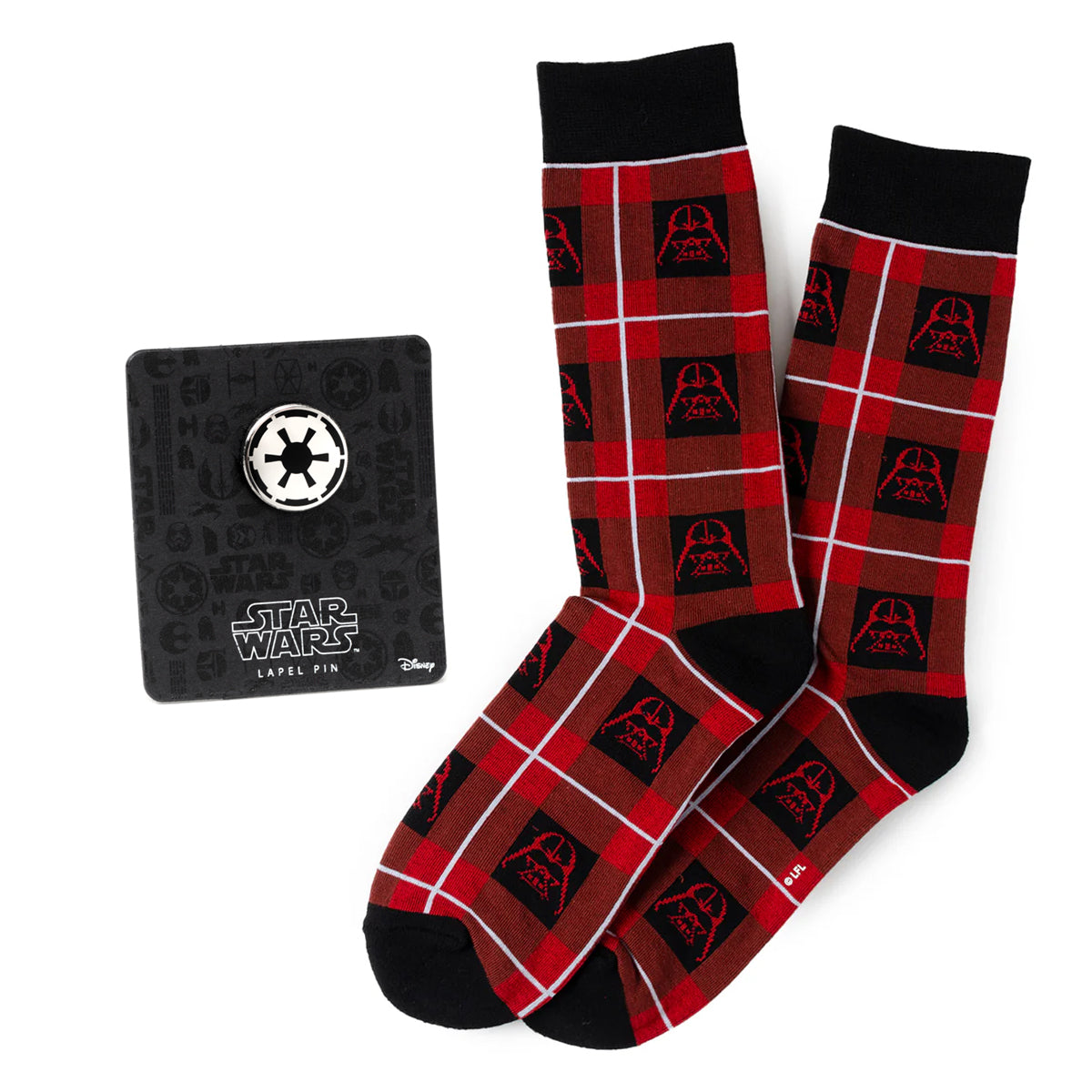 Star Wars Darth Vader Black and Red Plaid Dress Socks and Imperial Crest Lapel Pin Gift Set - OVERLANDERS Outfitter