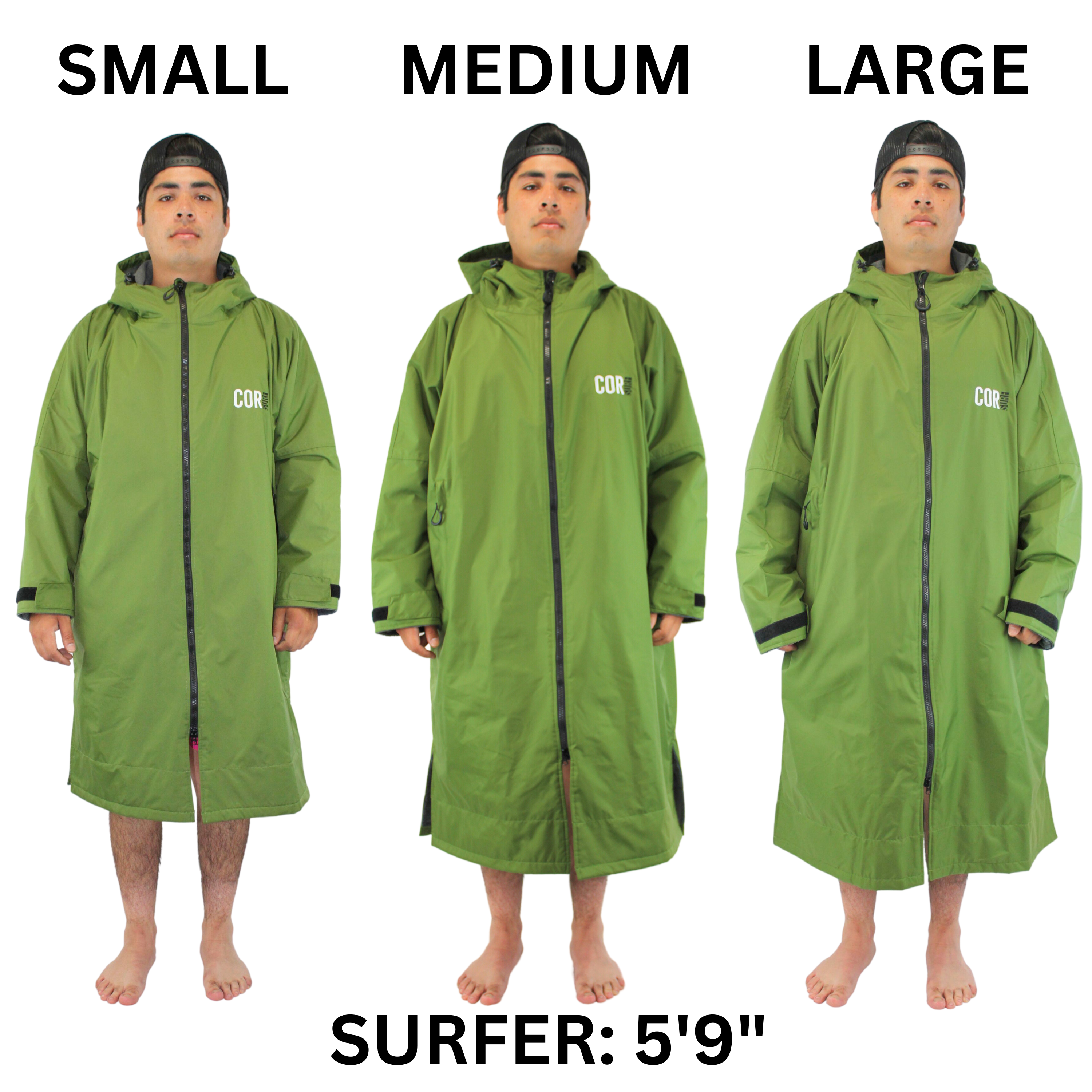 COR Surf waterproof swim parka in green, shown in small, medium, and large sizes for apparel and accessories.