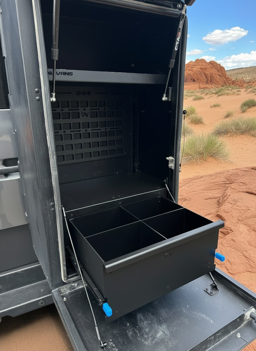 Canyon Adventure Vans made in Utah drawer system with organized storage and durable construction, suitable for van conversions.