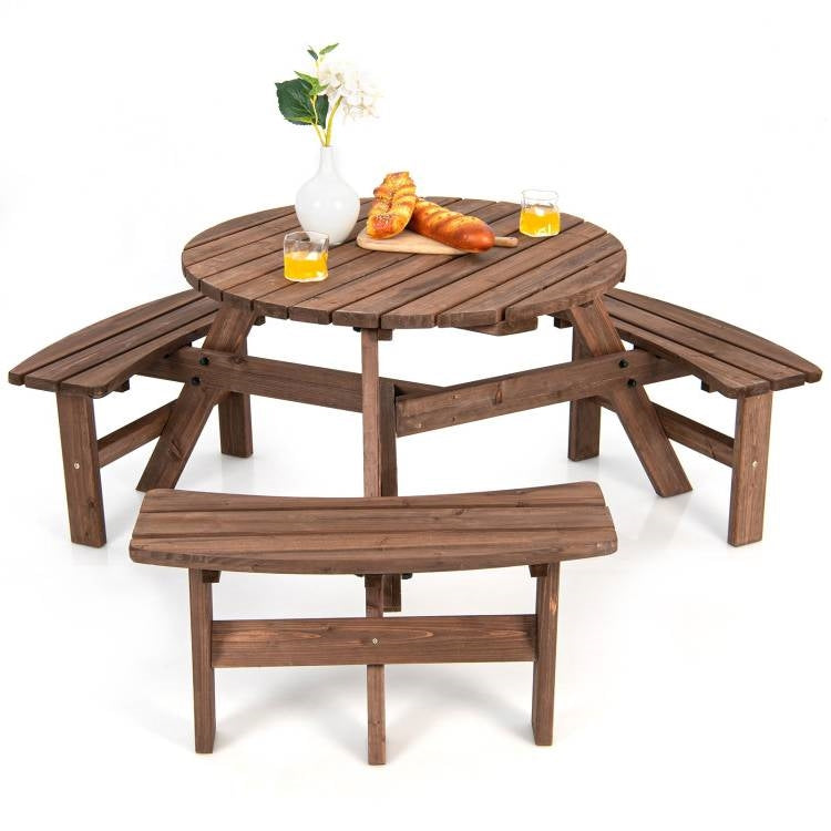 Solid cedar wood outdoor picnic table with three benches, ideal for patio garden dining, part of HomePacific patio furniture set