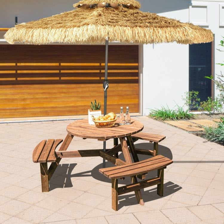 Solid cedar wood outdoor picnic table with three attached benches, perfect for patio and garden dining.