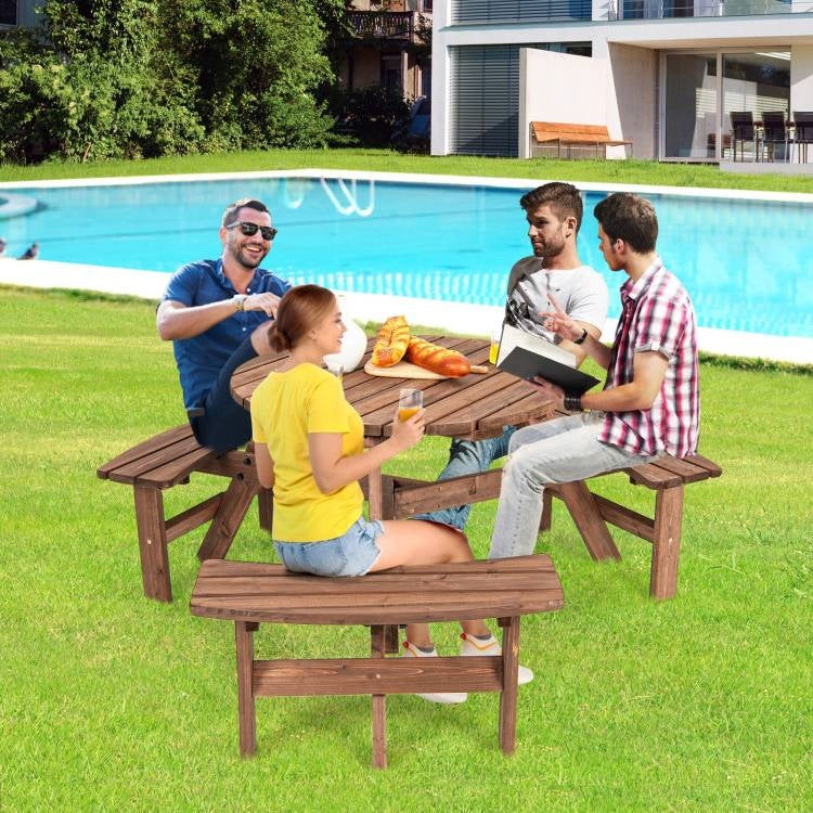 Solid cedar wood outdoor picnic table with three matching benches, perfect for patio garden dining, by HomePacific.