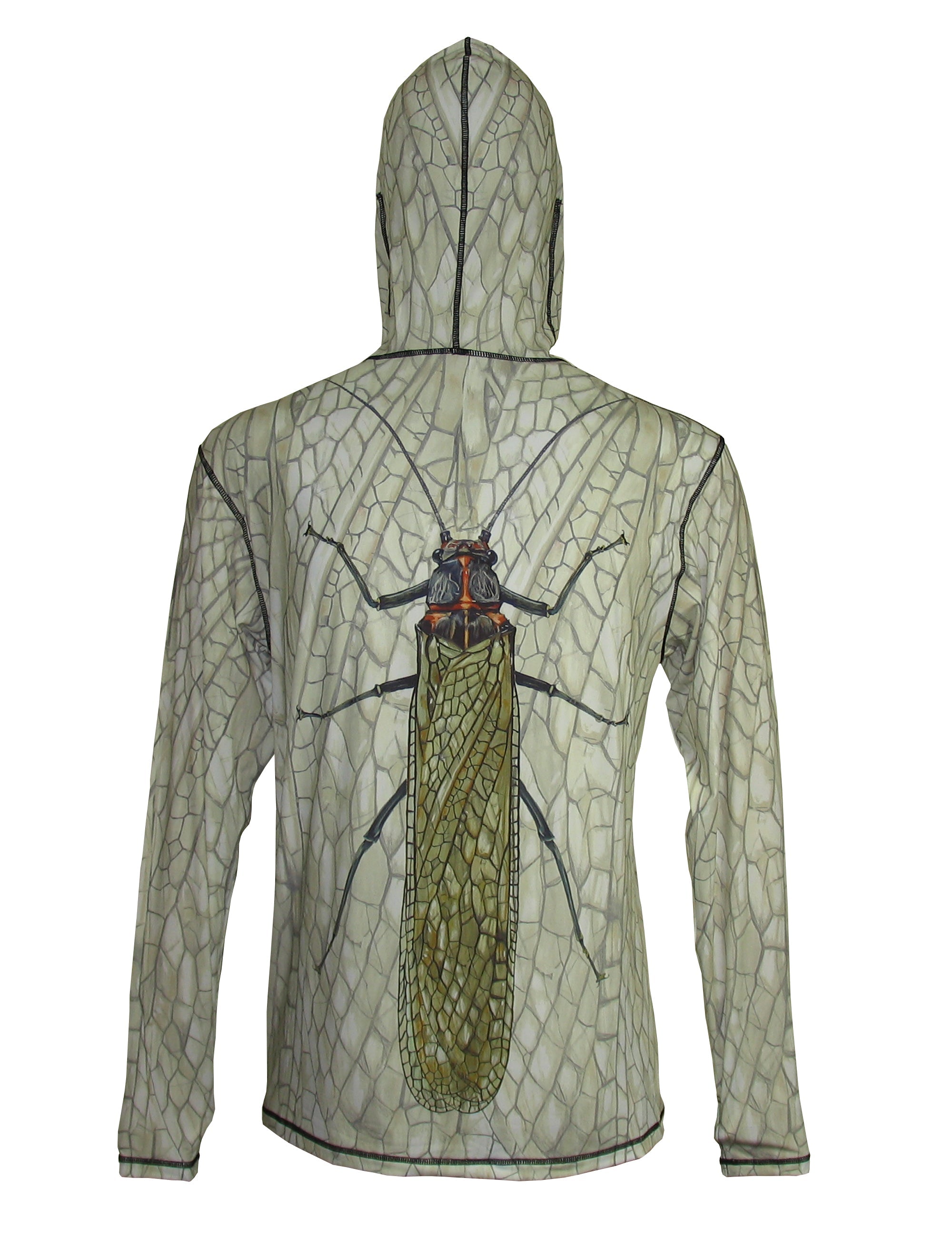 Salmonfly graphic fishing hoodie by Sunpro from Cognito Brands, Inc., featuring a detailed salmonfly design on the back.