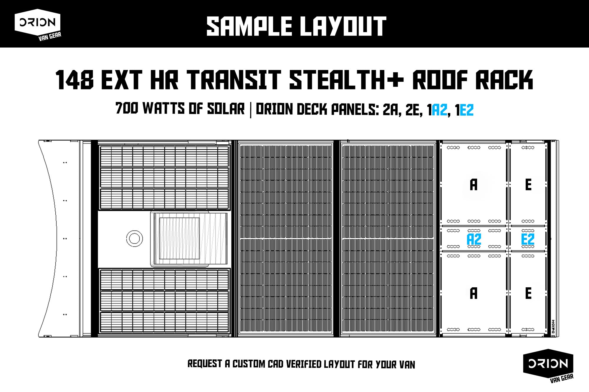 Transit Roof Deck Panels 2.0 by Orion Van Gear installed on van roof with flush hardware for secure cargo storage.