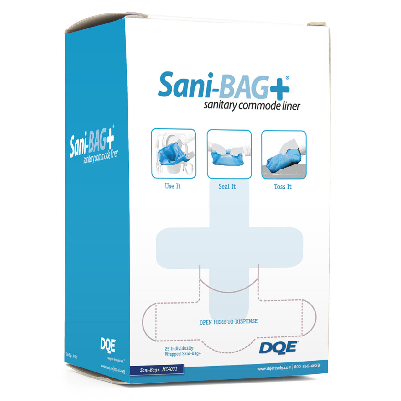 Hygiene Sani-Bag+ commode liner in box, disposable hygiene product from quakekits.com for toilet and sanitation use