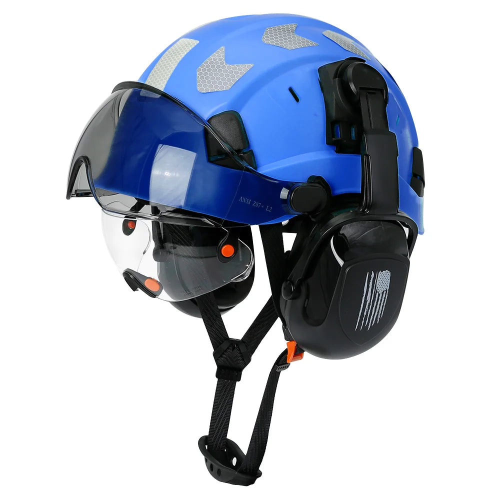 Safety helmet with visor and earmuffs from 24 Hour Sport, designed for head protection and safety in industrial or construction settings.