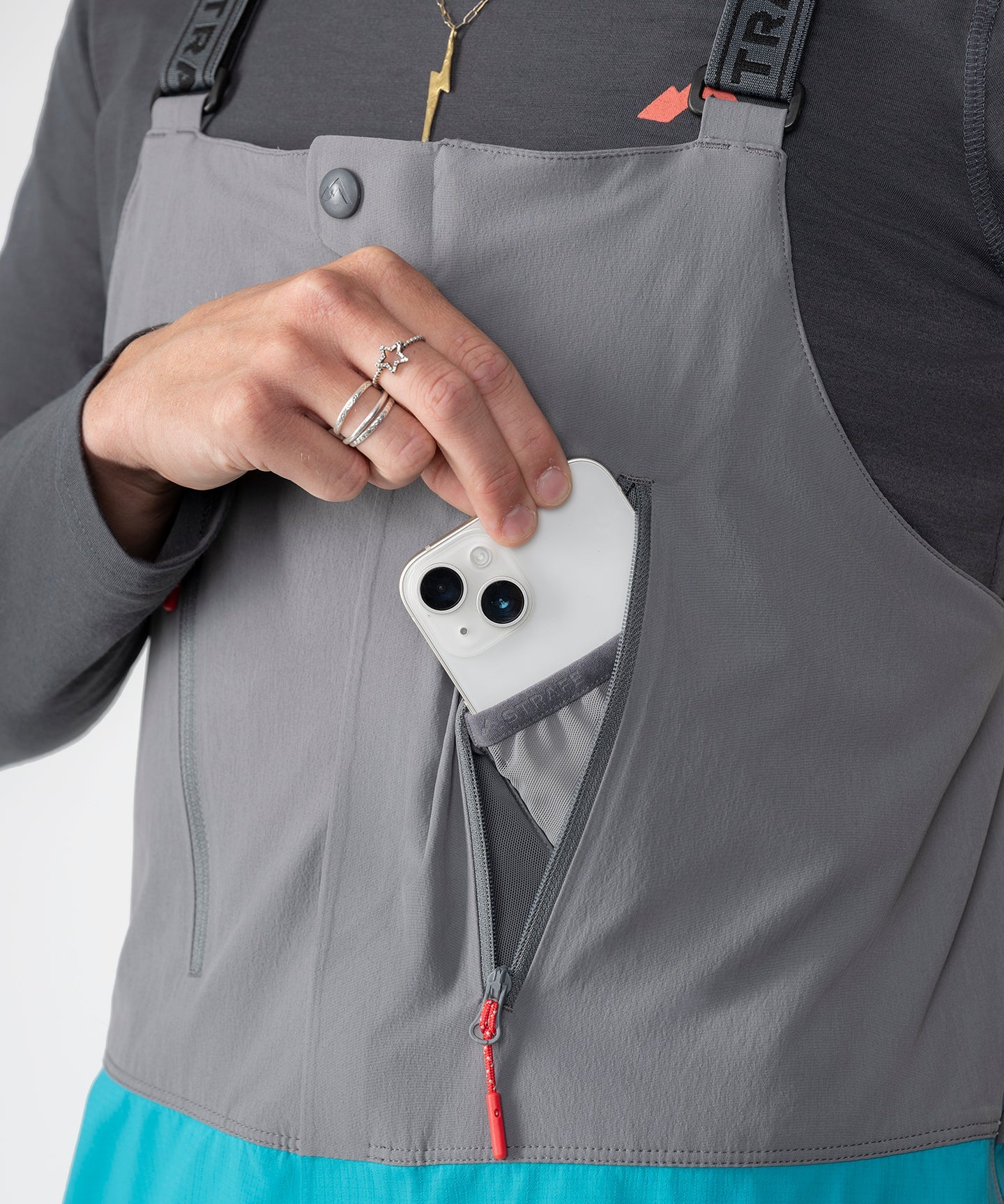 Scarlett 3L Shell Bib pants in Lagoon by Strafe Outerwear, showcasing waterproof fabric and adjustable straps.