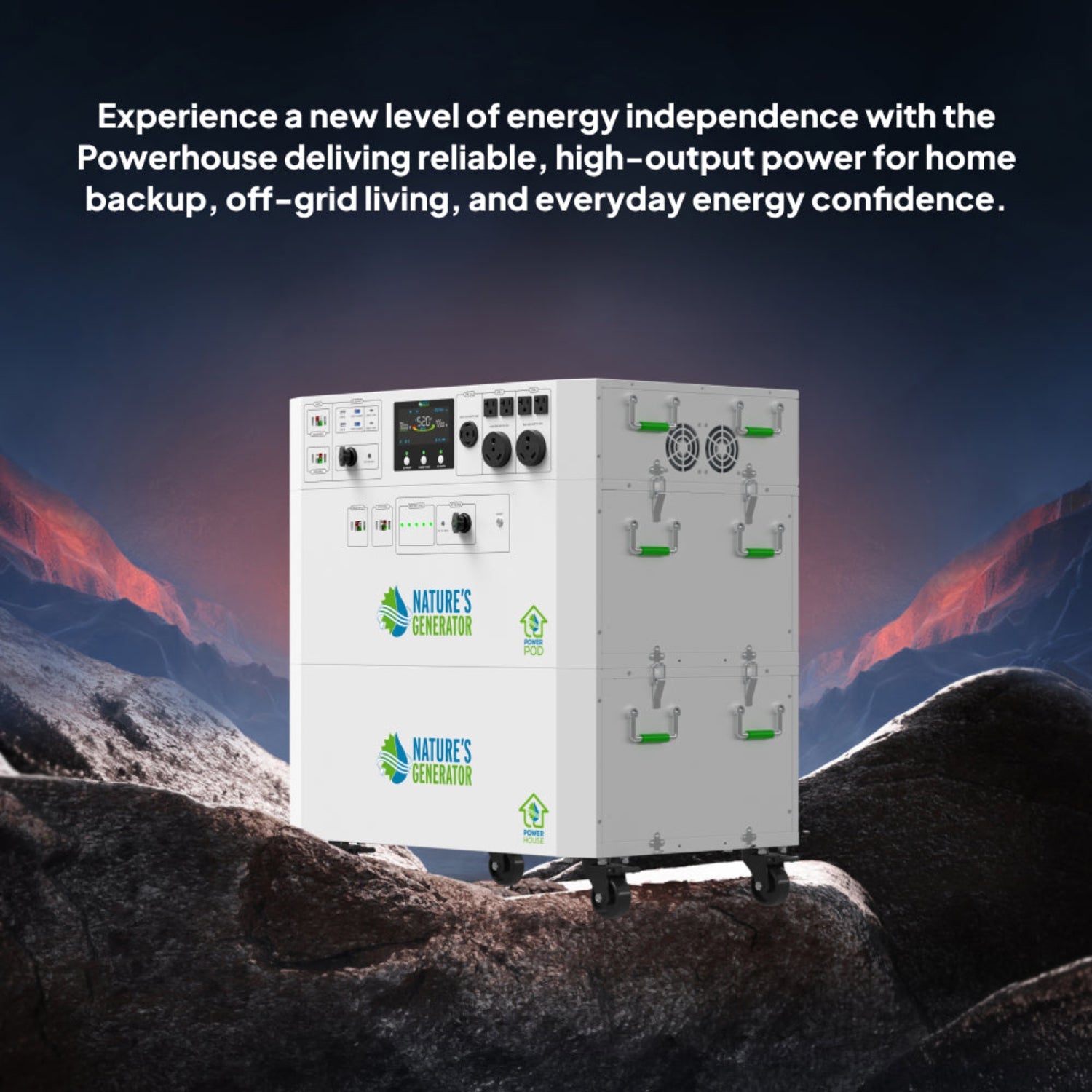 Nature's Generator Powerhouse Power Addition connected to solar panels, providing additional renewable energy storage and power capacity.