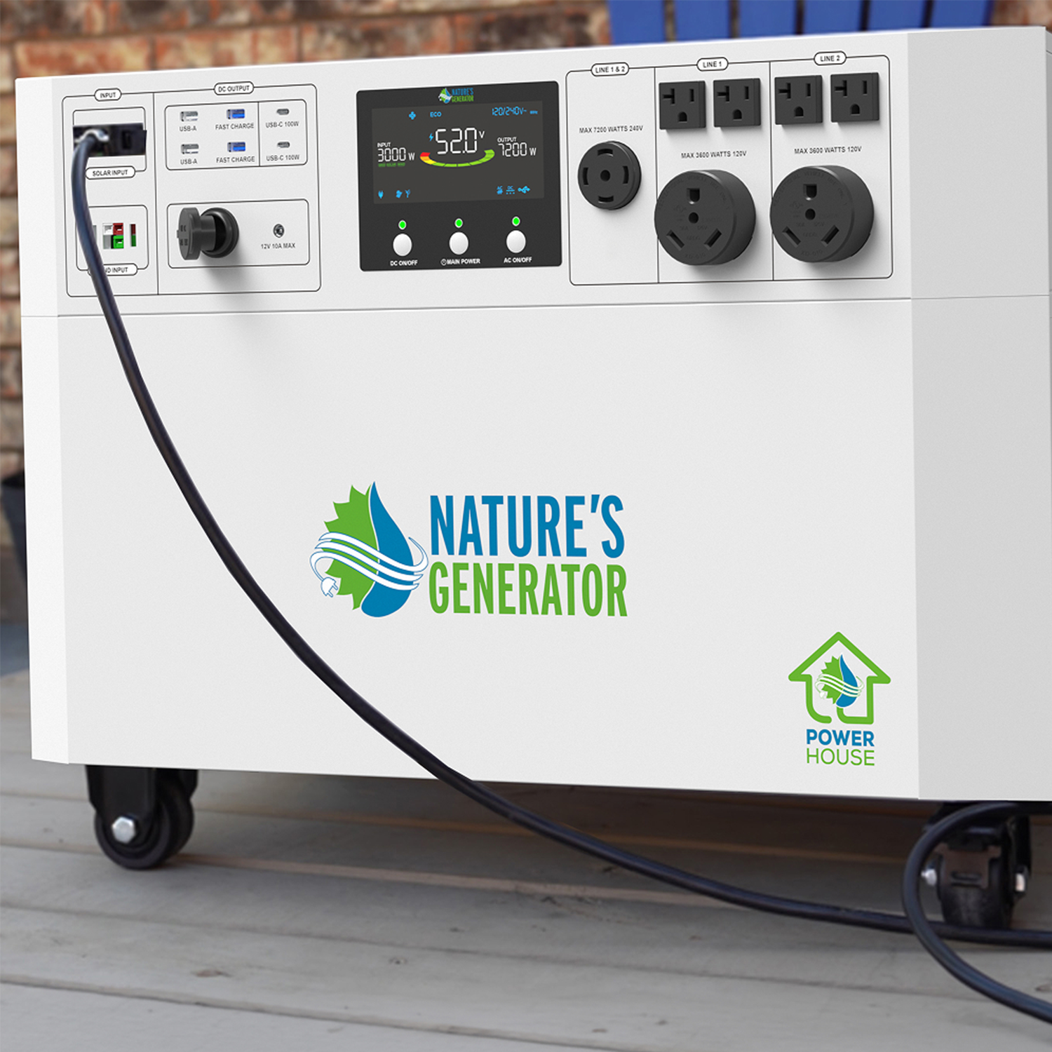 Nature's Generator Powerhouse V2 solar and wind generator with solar panels and wind turbine in outdoor scene