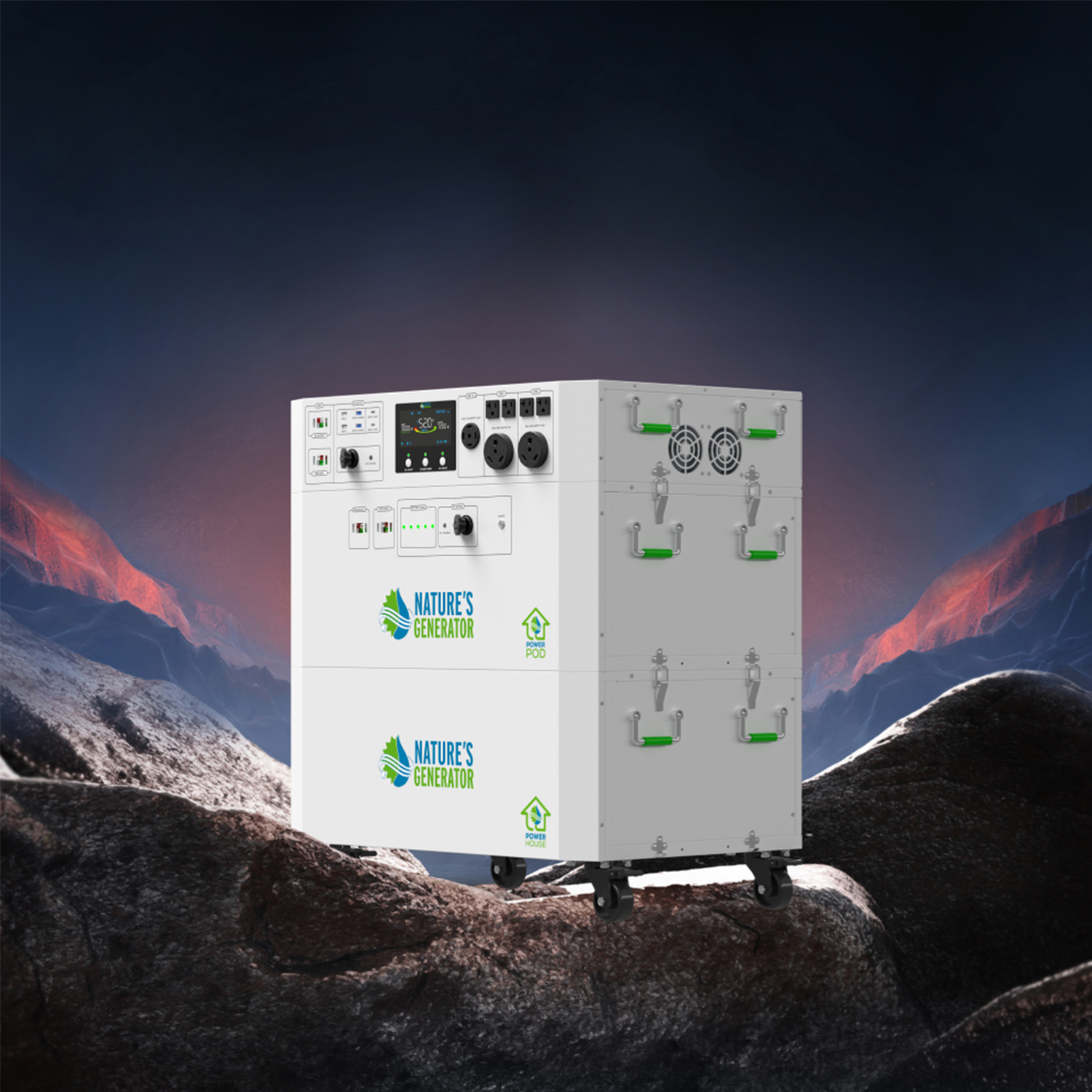 Powerhouse V2 Whole Home Solar Generator by Nature's Generator, compact unit with solar panels and control display for home backup