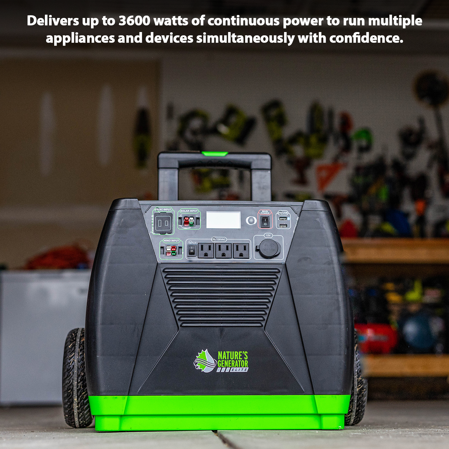 Nature's Generator Elite Gold System with 3600W power setup, featuring portable power unit and connection ports for renewable energy.