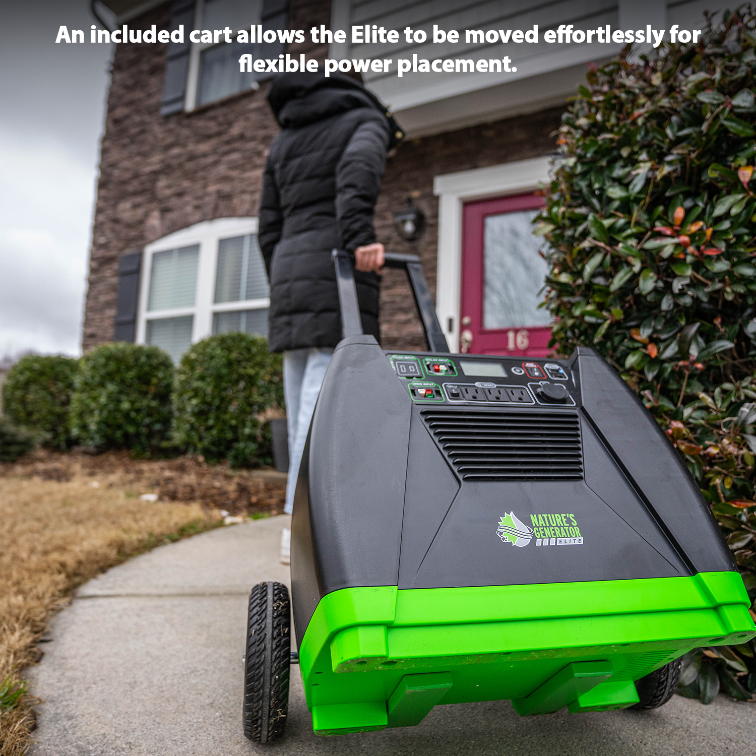 Nature's Generator Elite Gold portable power system on a cart, showcasing its compact design and electronic components.