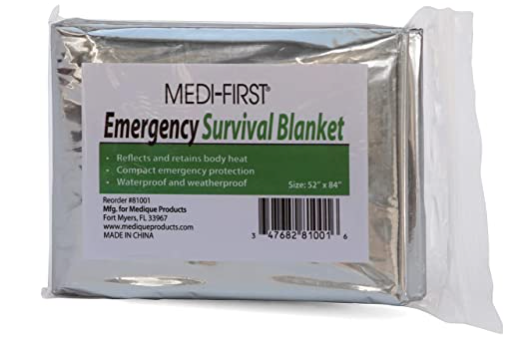 Alpenglow Readiness Supply silver rescue blanket folded, showcasing its reflective surface for emergency first aid use.