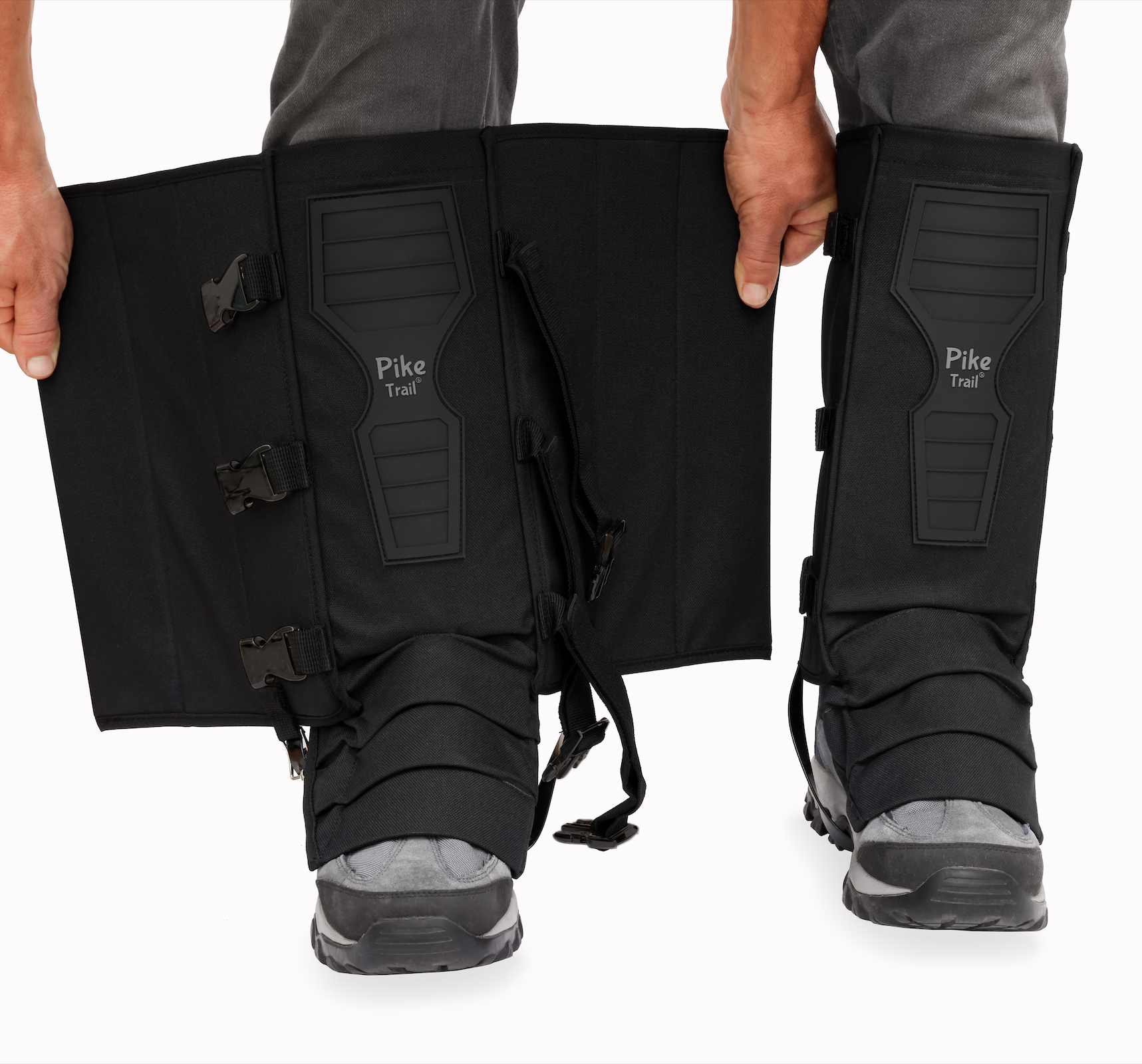 Pike Trail Snake Gaiters Leg Guards showing black protective leg coverings with adjustable straps for outdoor trail hiking.