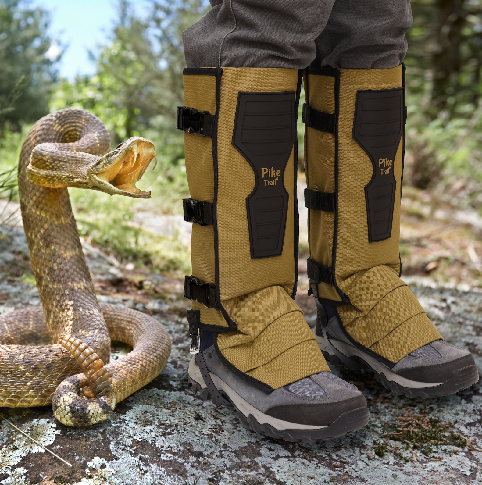 Pike Trail Snake Gaiters leg guards showing durable fabric and adjustable straps for outdoor snake protection.