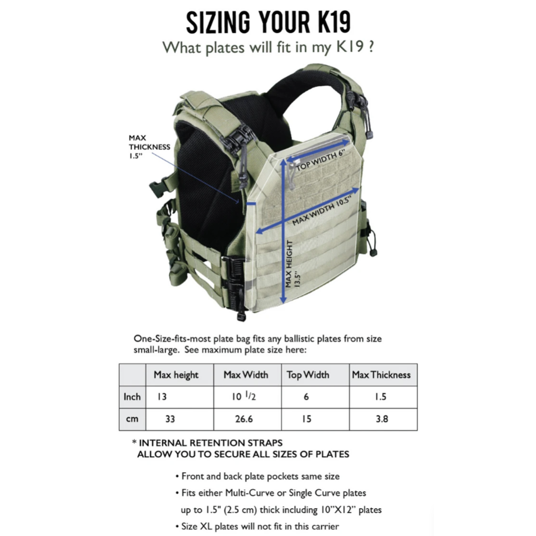 HCC Tactical K19 Plate Carrier (Gen 3) in black, featuring adjustable straps and modular design for tactical use.