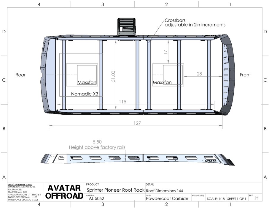 Pioneer Sprinter roof rack by Avatar Offroad installed on a vehicle, providing sturdy cargo carrying capacity.