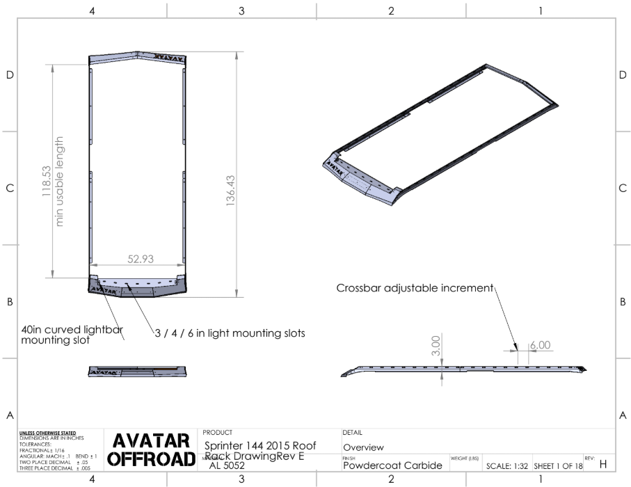 Low profile roof rack for Sprinter vans by Avatar Offroad, designed for secure cargo and versatile vehicle storage.