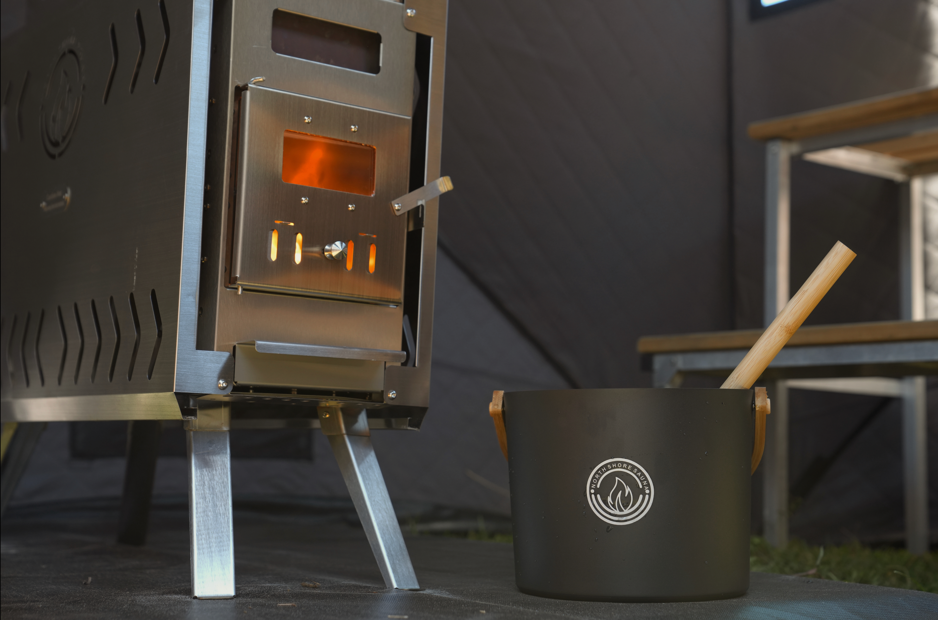 North Shore Sauna Dome Sauna Tent Elite Experience Package for 8 people, showing the spacious, durable design of the outdoor sauna.