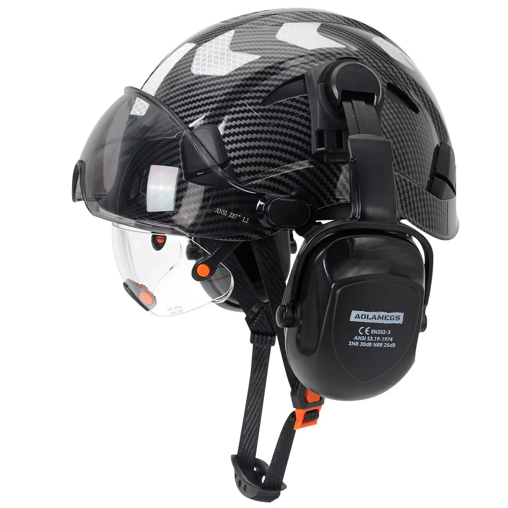 Safety helmet with visor and earmuffs for head protection, designed for safety and durability by 24 Hour Sport.