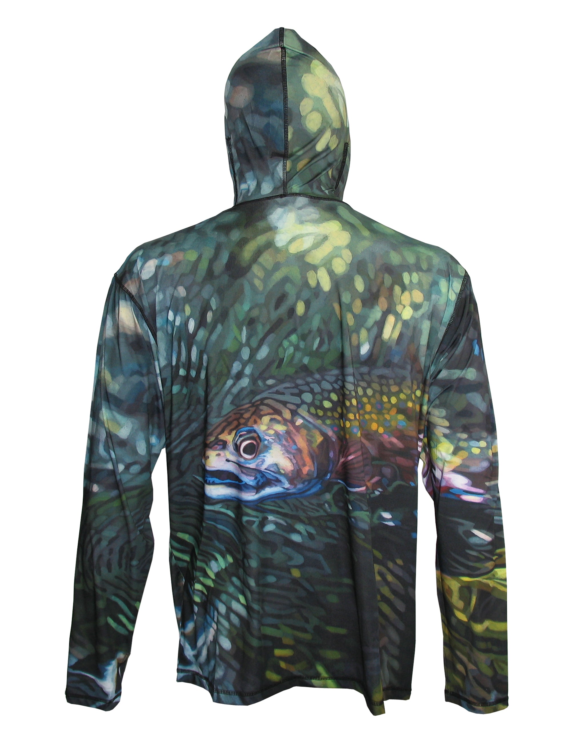 Cognito Brands Secluded Brook Trout graphic fishing hoodie by Sunpro, showing a scenic brook trout design on the back.
