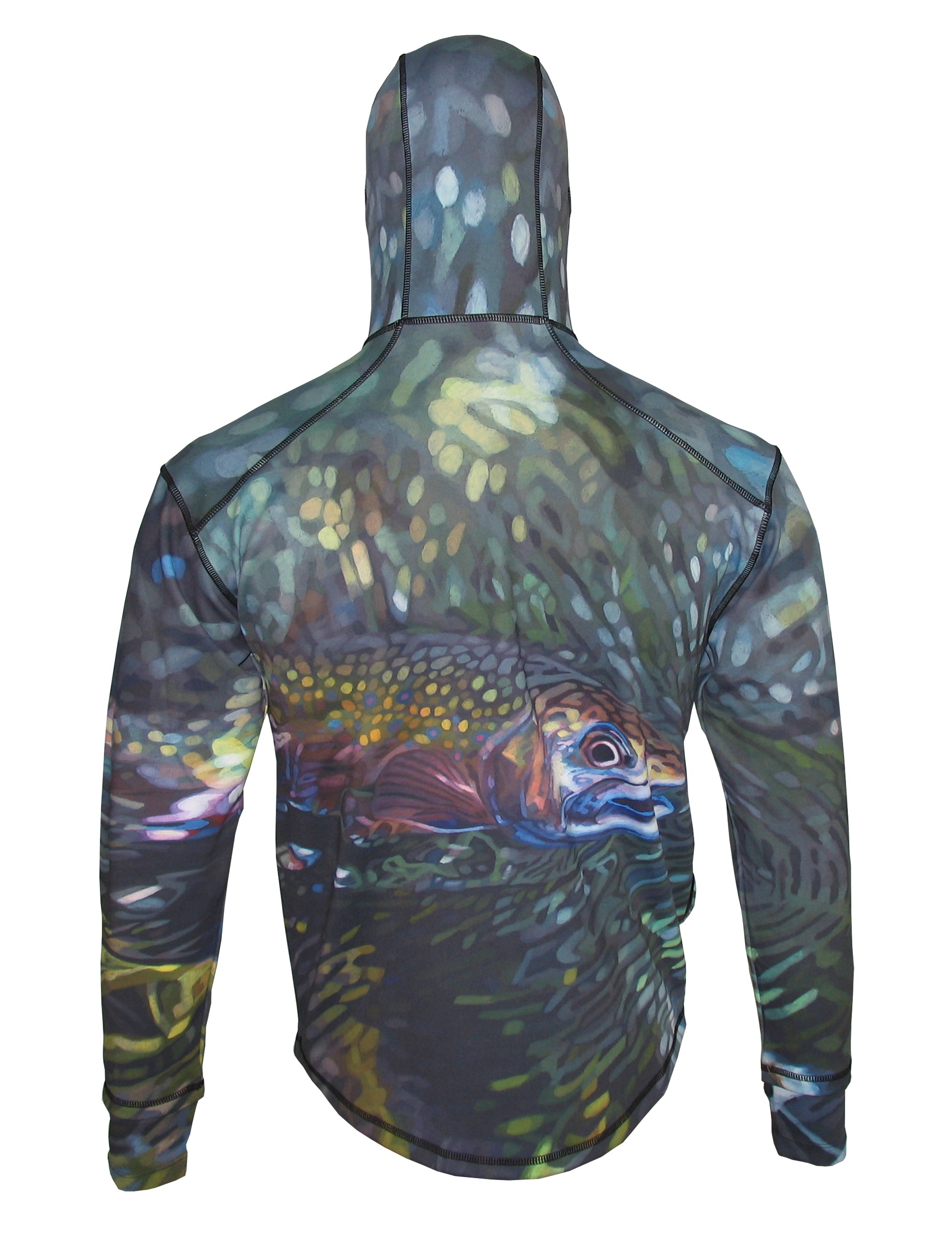 Cognito Brands Secluded Brook Trout lightweight 1/4-zip FlexShell fishing hoodie in navy with brook trout design on the back.