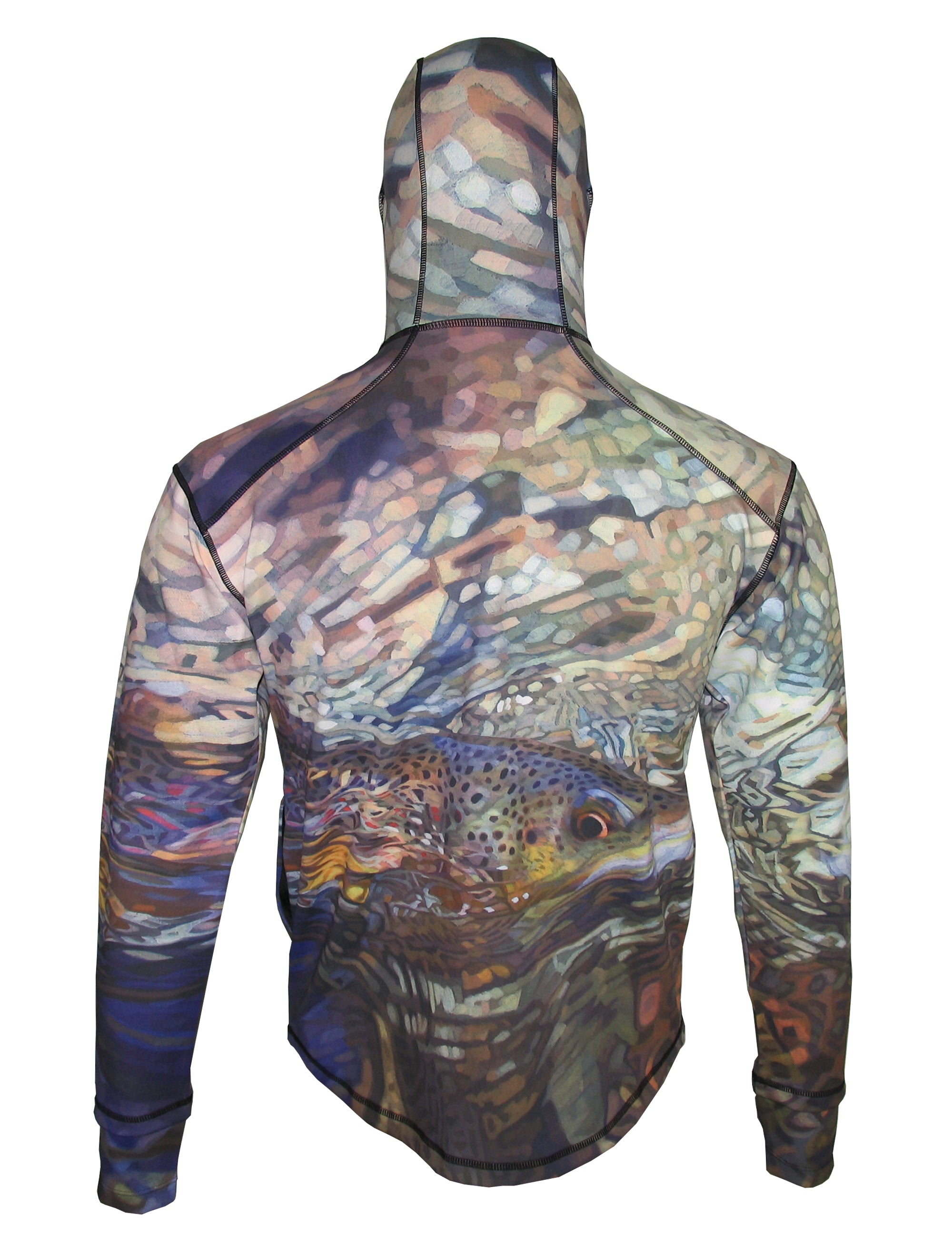 Secluded Brown Trout heavyweight 1/4-zip FlexShell fishing hoodie by Cognito Brands, Inc., featuring a brown trout design on the back.