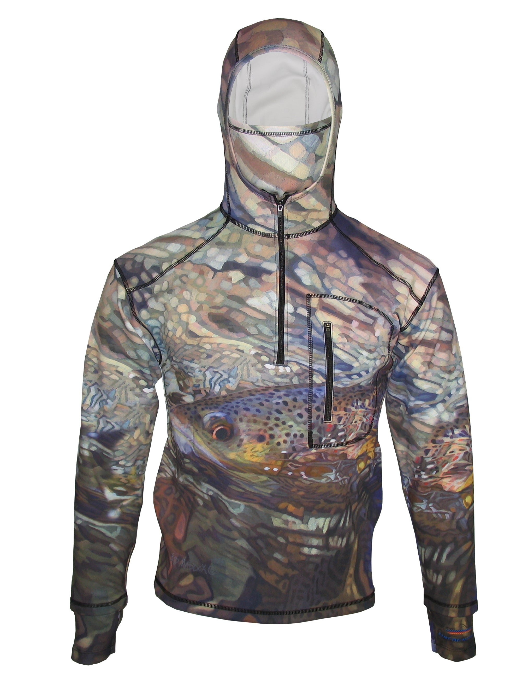 Secluded Brown Trout Heavyweight 1/4-Zip FlexShell fishing hoodie by Cognito Brands, front view showing durable fleece material.