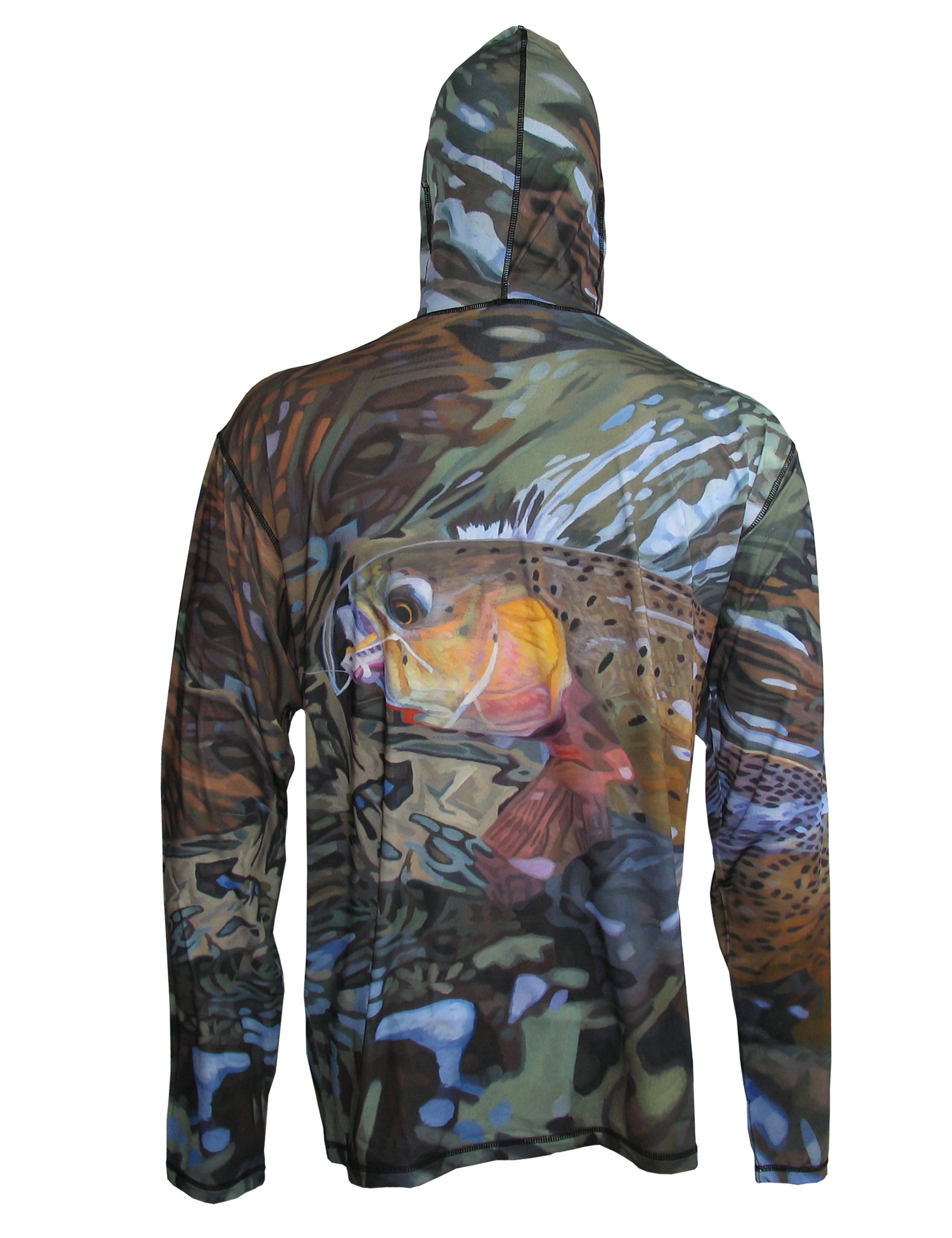 Back view of Secluded Cutty Graphic Fishing Hoodie by Sunpro Hoodies, branded Cognito Brands, Inc., featuring a detailed fishing graphic.