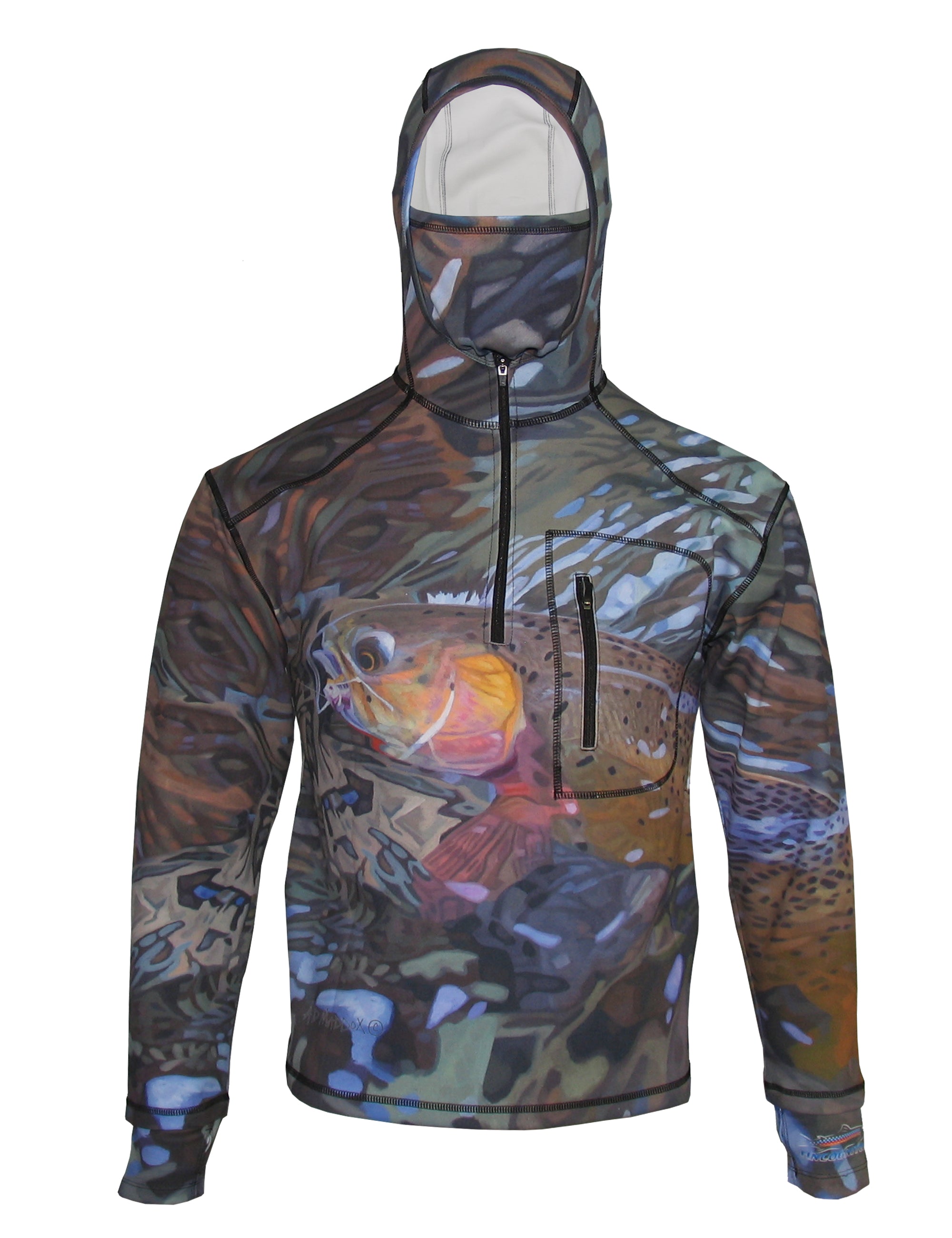 Cognito Brands Secluded Cutty heavy-duty 1/4-zip FlexShell fishing hoodie in dark color, front view with zipper and fleece material.
