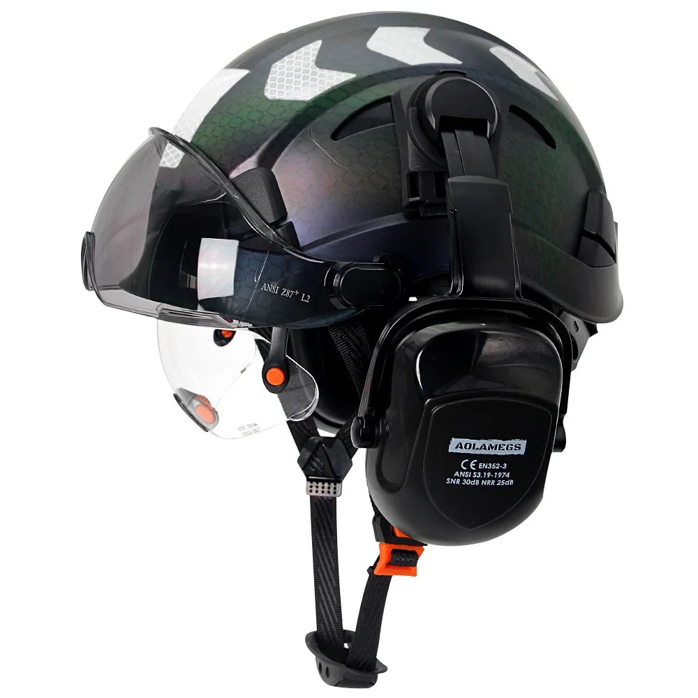 Safety helmet with visor and earmuffs from 24 Hour Sport, designed for total head protection in industrial or construction settings.