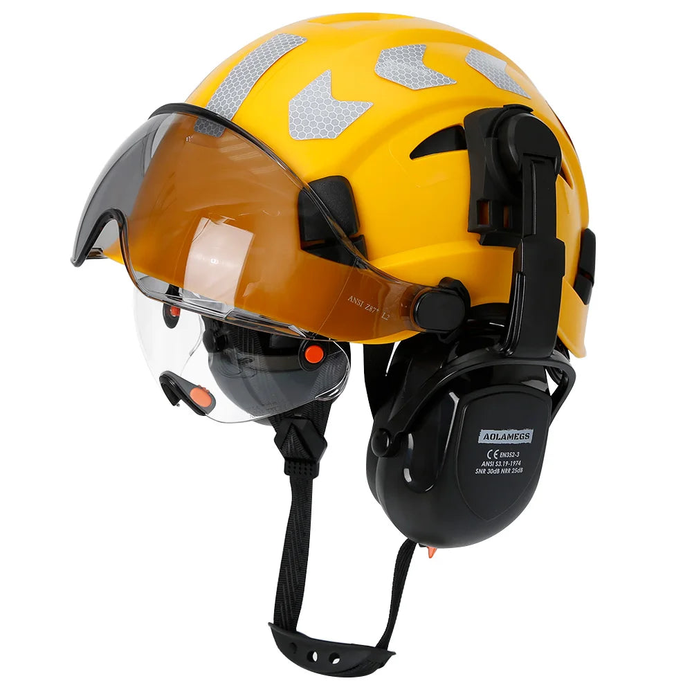 Safety helmet with visor and earmuffs from 24 Hour Sport, designed for head protection in industrial or construction environments.