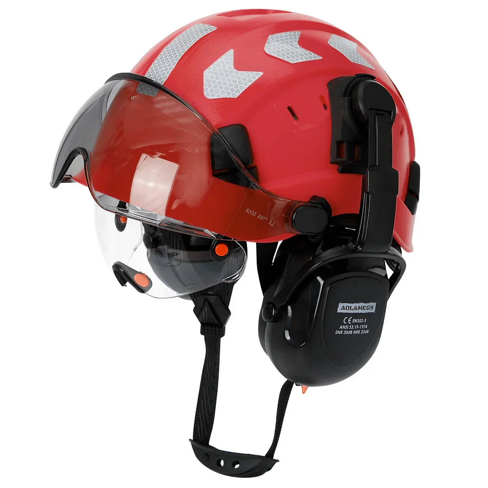 Safety helmet with visor and earmuffs from 24 Hour Sport, designed for total head protection and safety in industrial environments.