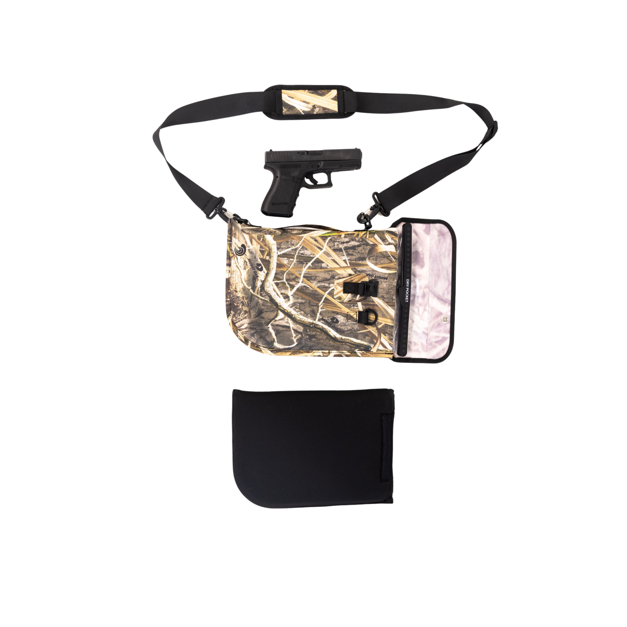 Auto-sealing waterproof floating pistol bag by Dry Pocket shown in shadow grass color with secure closure and compact design.