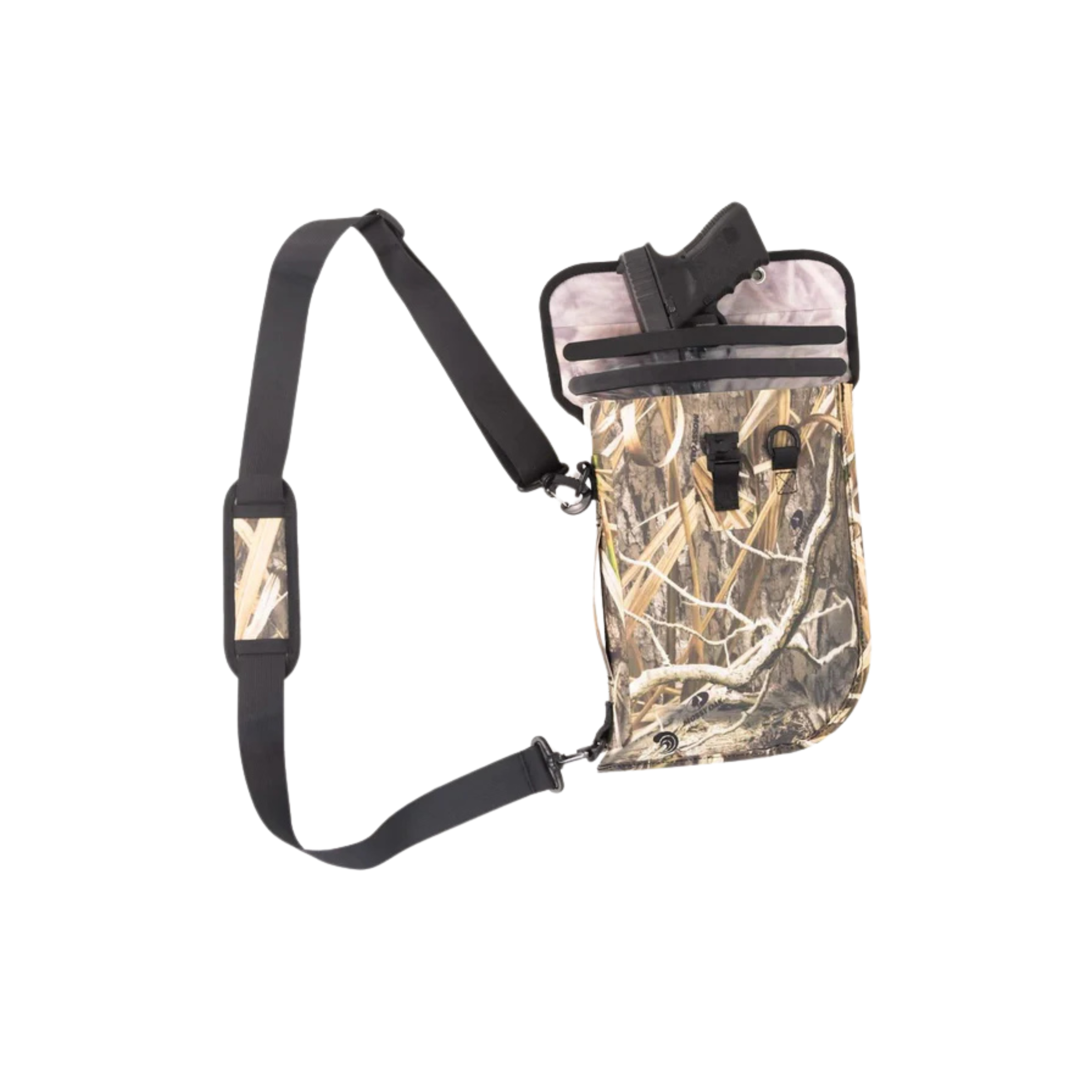 Dry Pocket waterproof floating pistol bag with auto-sealing design, shown in shadow grass color, ideal for secure firearm storage.
