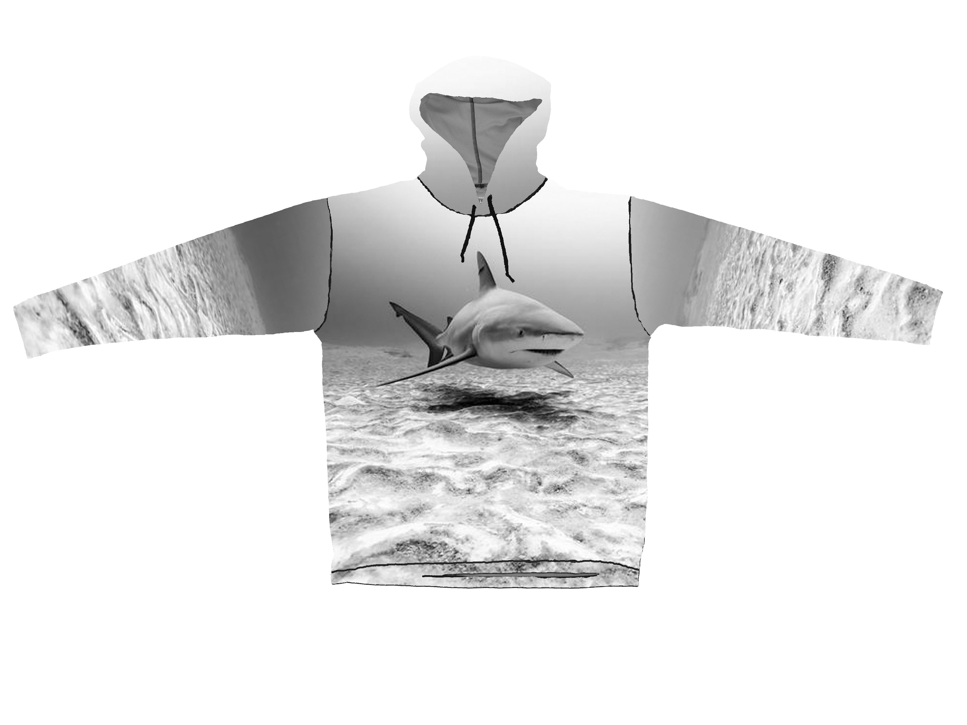 Shark graphic hoodie from Sunpro Hoodies by Cognito Brands, Inc., featuring a detailed shark illustration on a lightweight ocean-themed hoodie.
