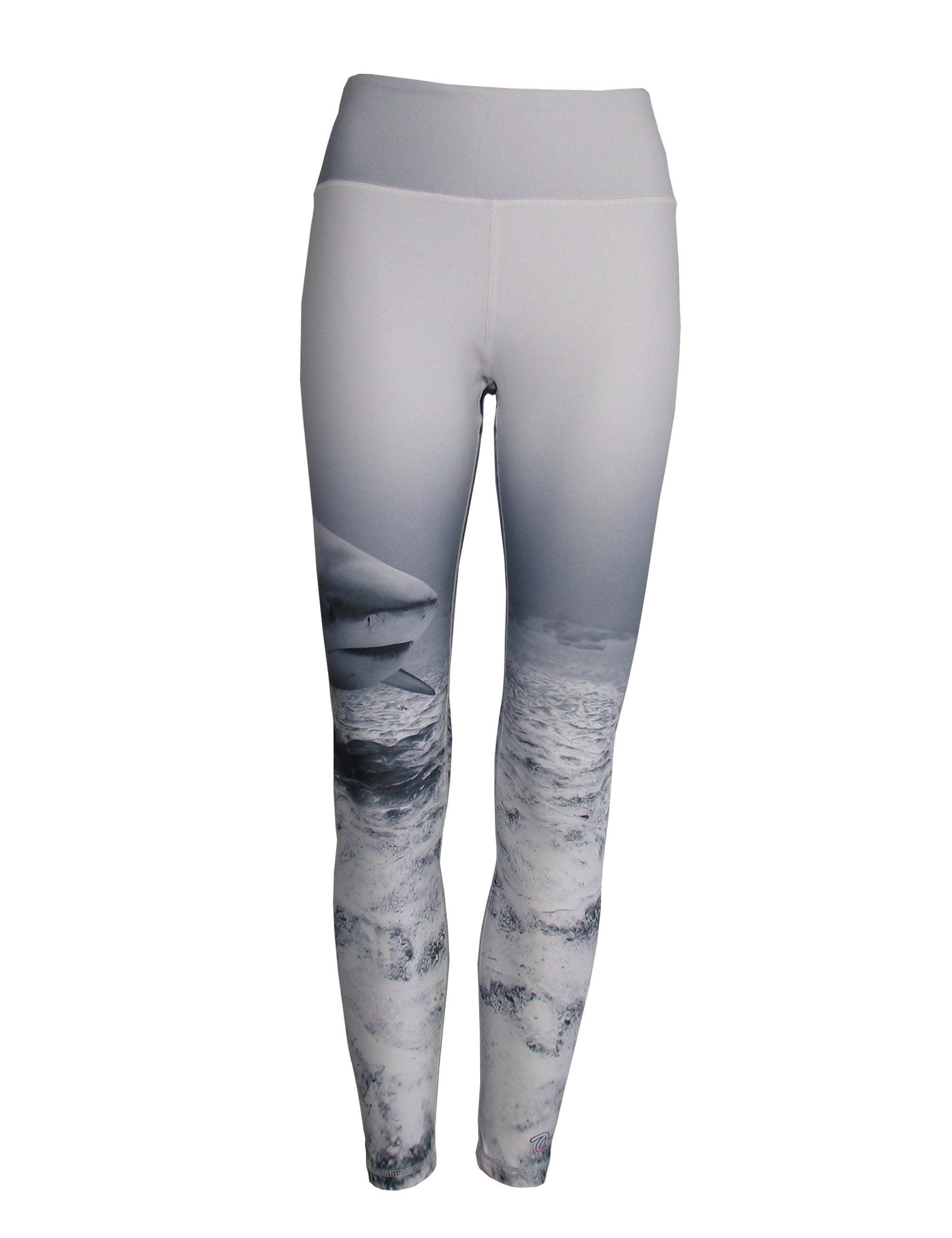 Front view of Cognito Brands shark ocean print all sport leggings with vibrant shark and ocean pattern, fitted and stretchy for active wear.