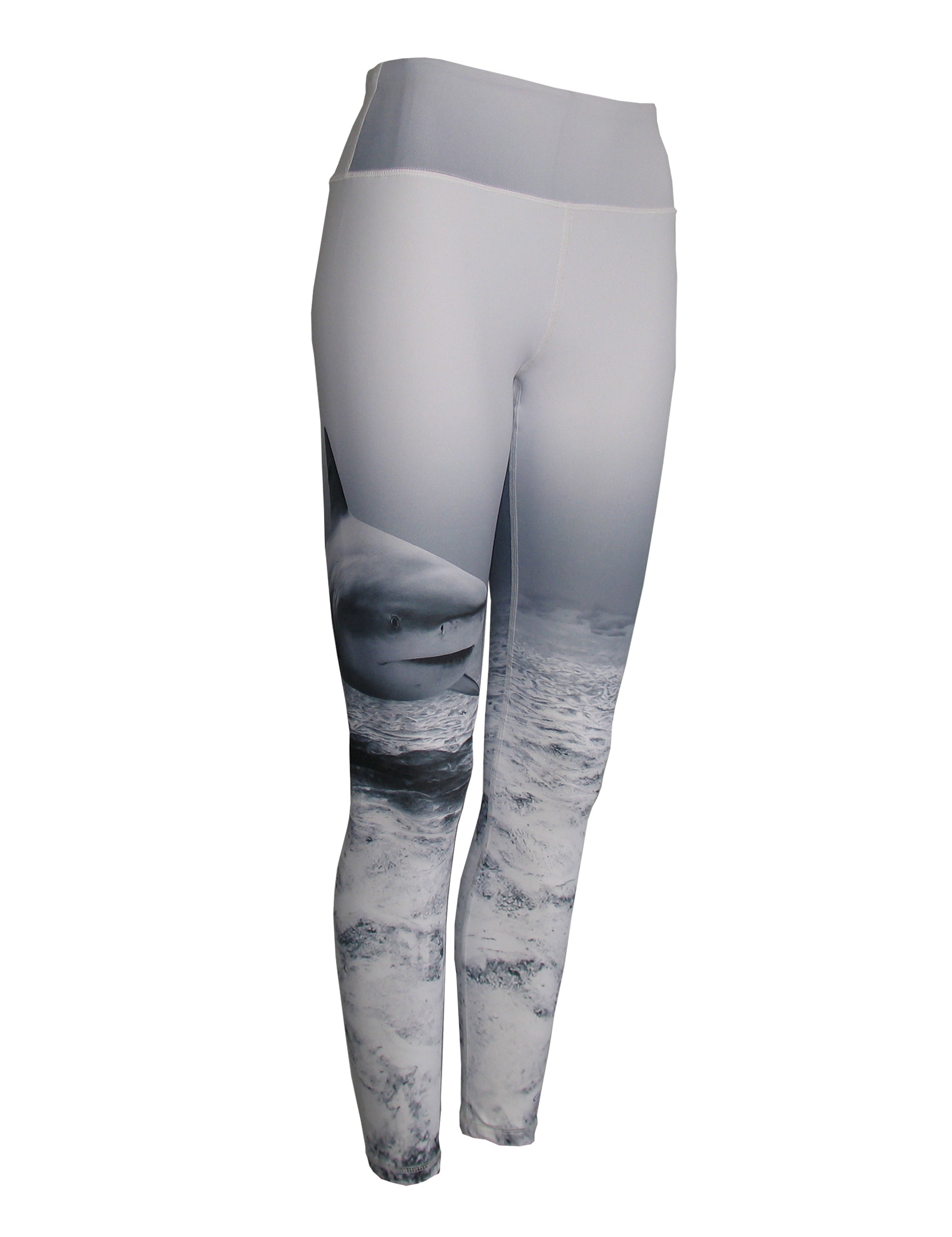 Cognito Brands shark ocean print patterned all sport leggings shown from side view with vibrant shark and ocean design.