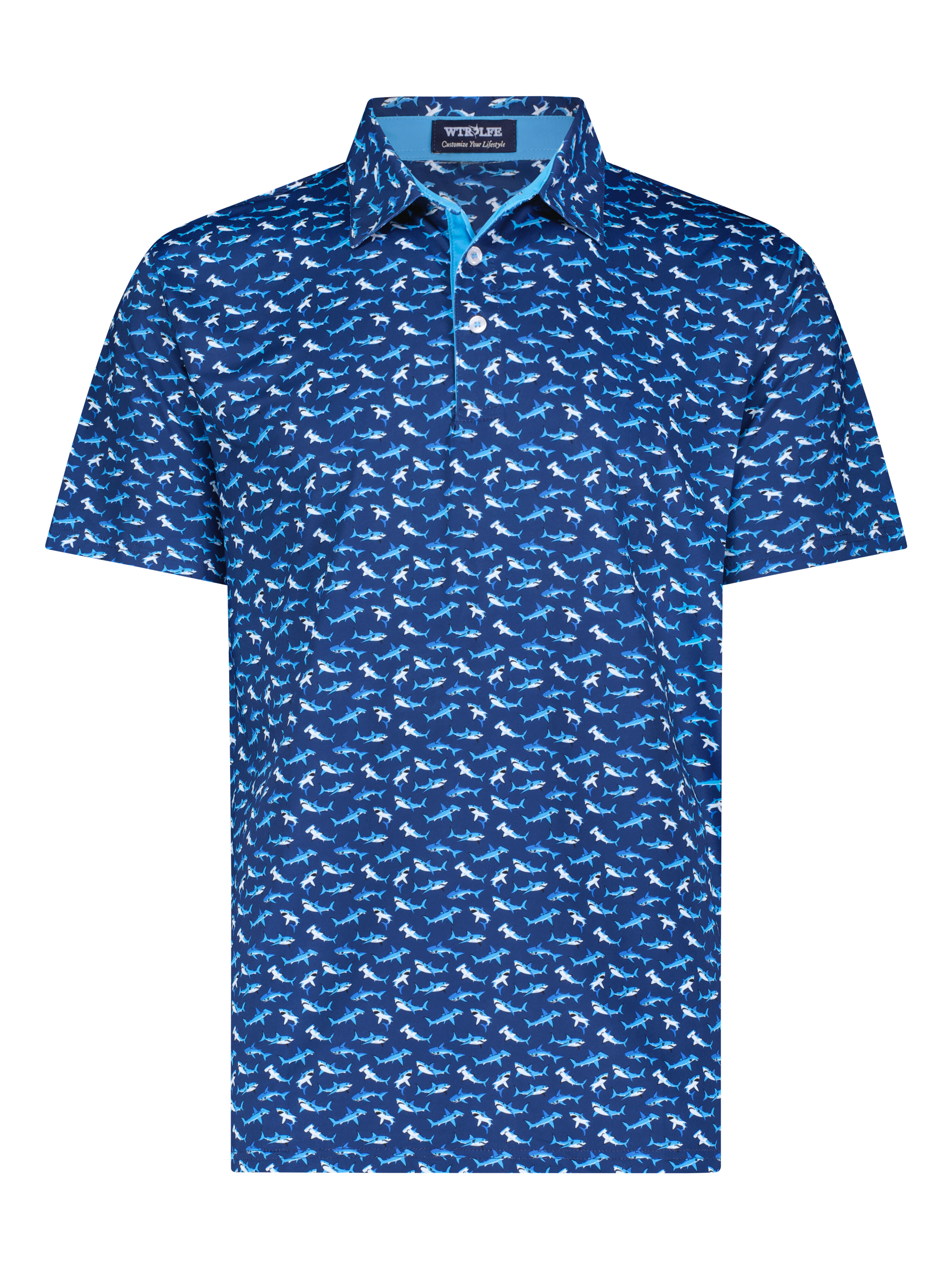 White Water Life Sharks Polo shirt with shark graphic, casual men's polo in lightweight fabric, perfect for everyday wear.