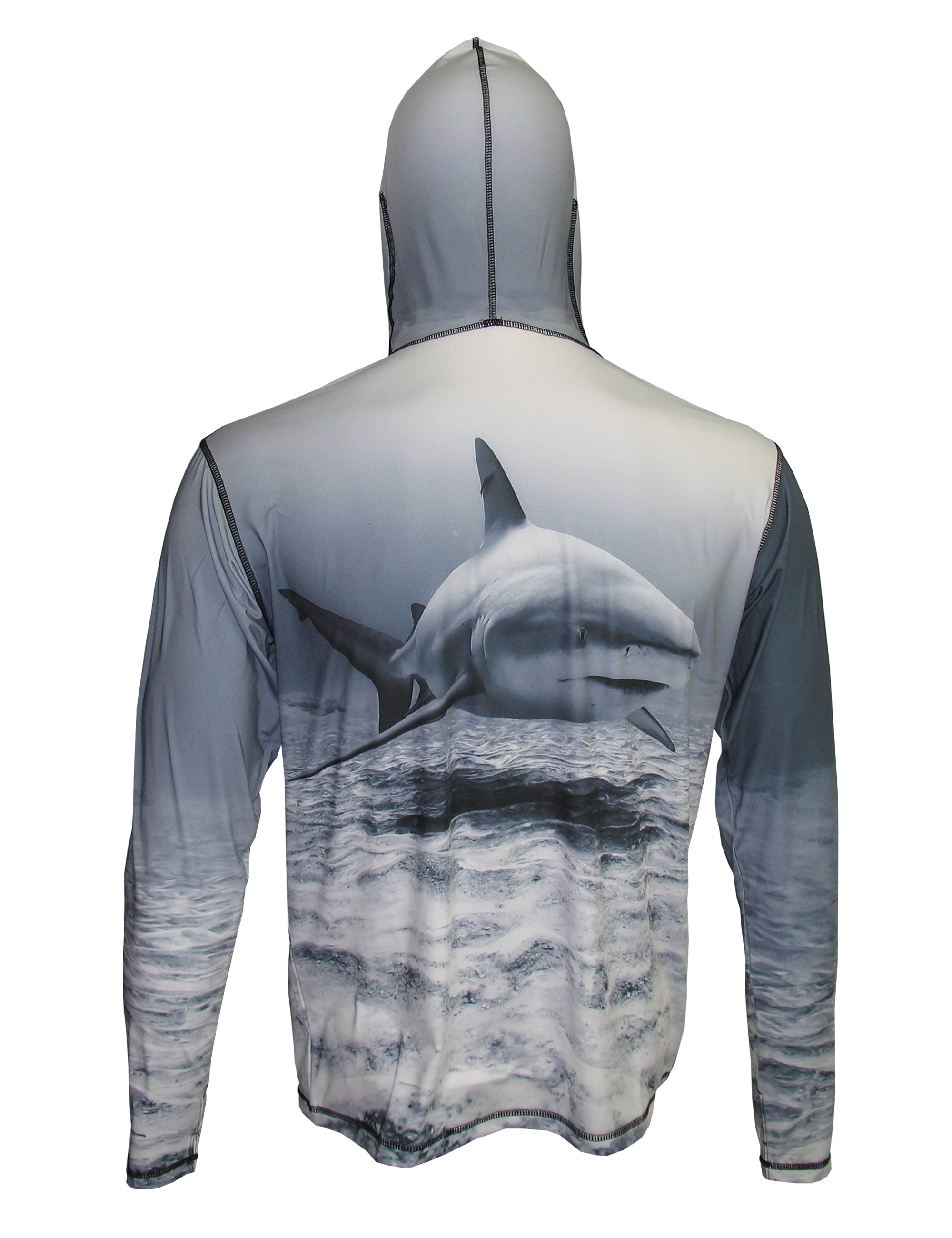 Back view of Cognito Brands Sunpro hoodie featuring a shark and ocean graphic on a lightweight hoodie.