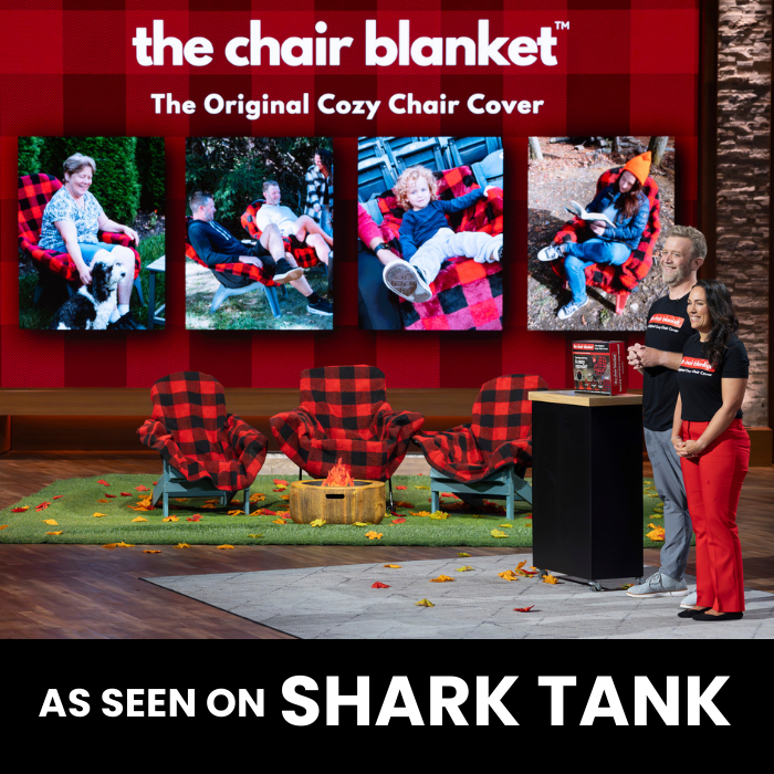 City Bonfires The Chair Blanket, cozy chair cover with Shark Tank branding, displayed on a stylish chair.