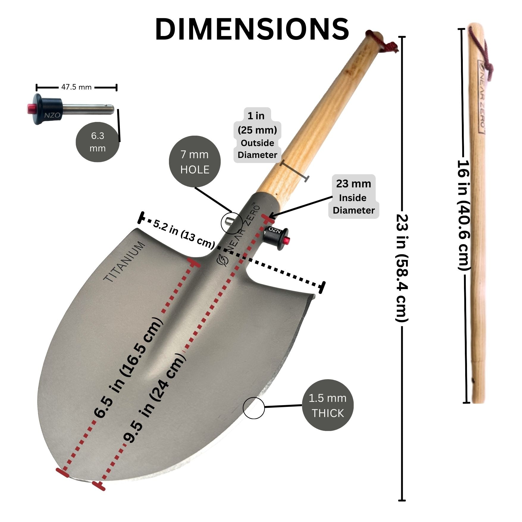 Near Zero Outdoor Gear titanium shovel accessory with detailed dimensions, lightweight and durable for outdoor activities.