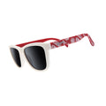 Side view of Rare Air Discs Roll Tide Ray Blockers Alabama collegiate polarized sunglasses with black frames and dark lenses.